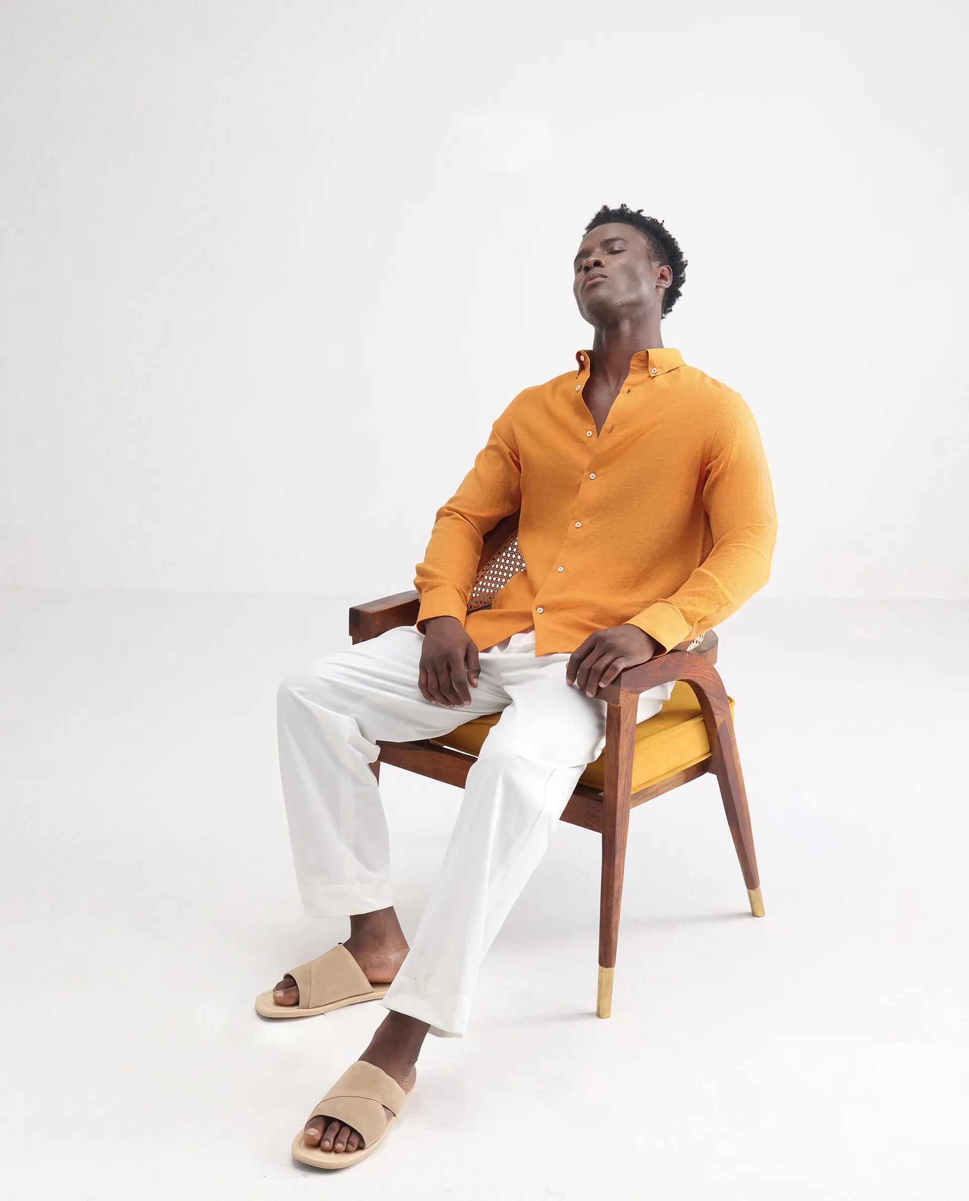 Rare Rabbit Men's Lucis Mustard 100% Linen Plain Regular Fit Full Sleeve Collared Shirt