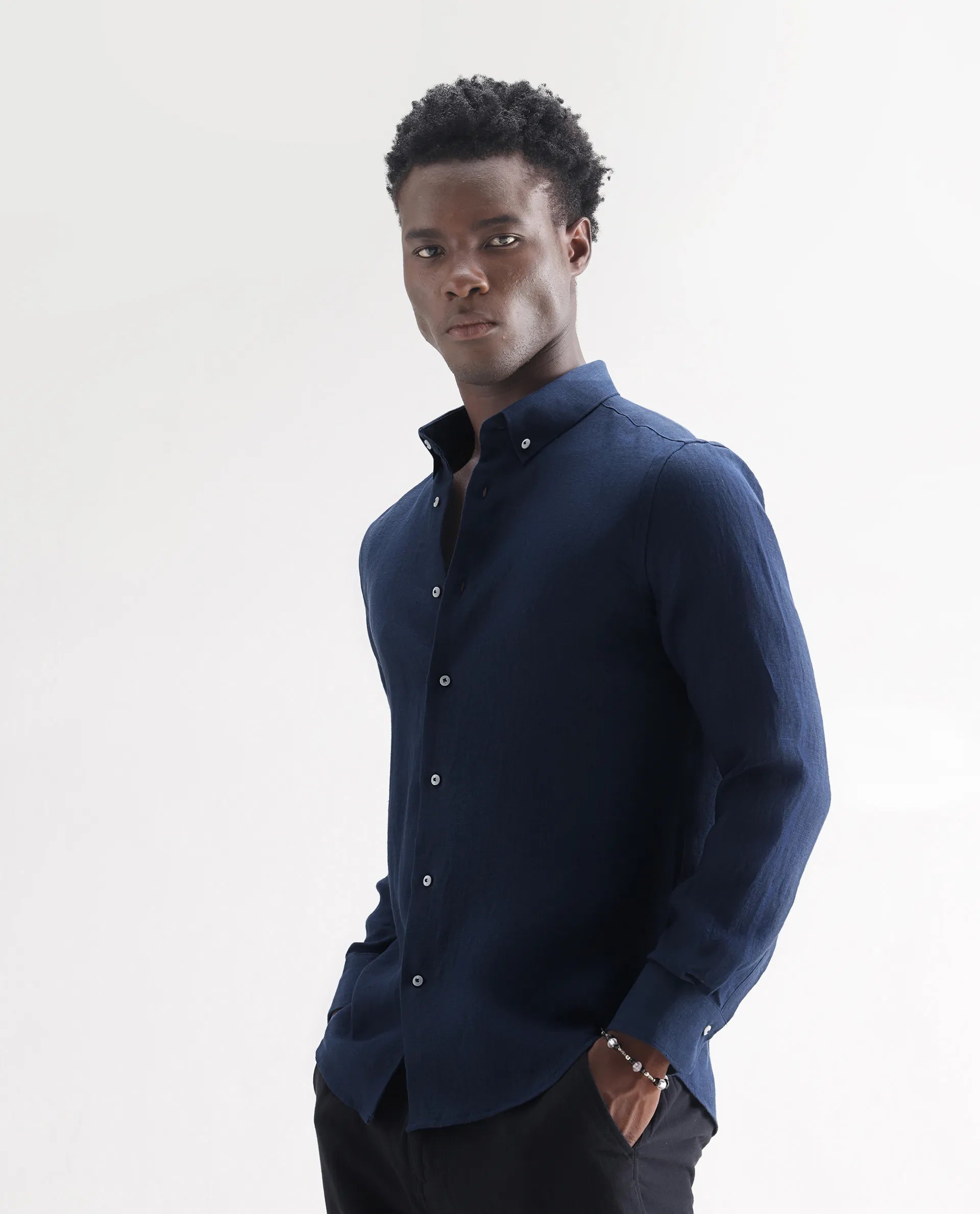 Rare Rabbit Men's Lucis Navy 100% Linen Plain Regular Fit Full Sleeve Collared Shirt