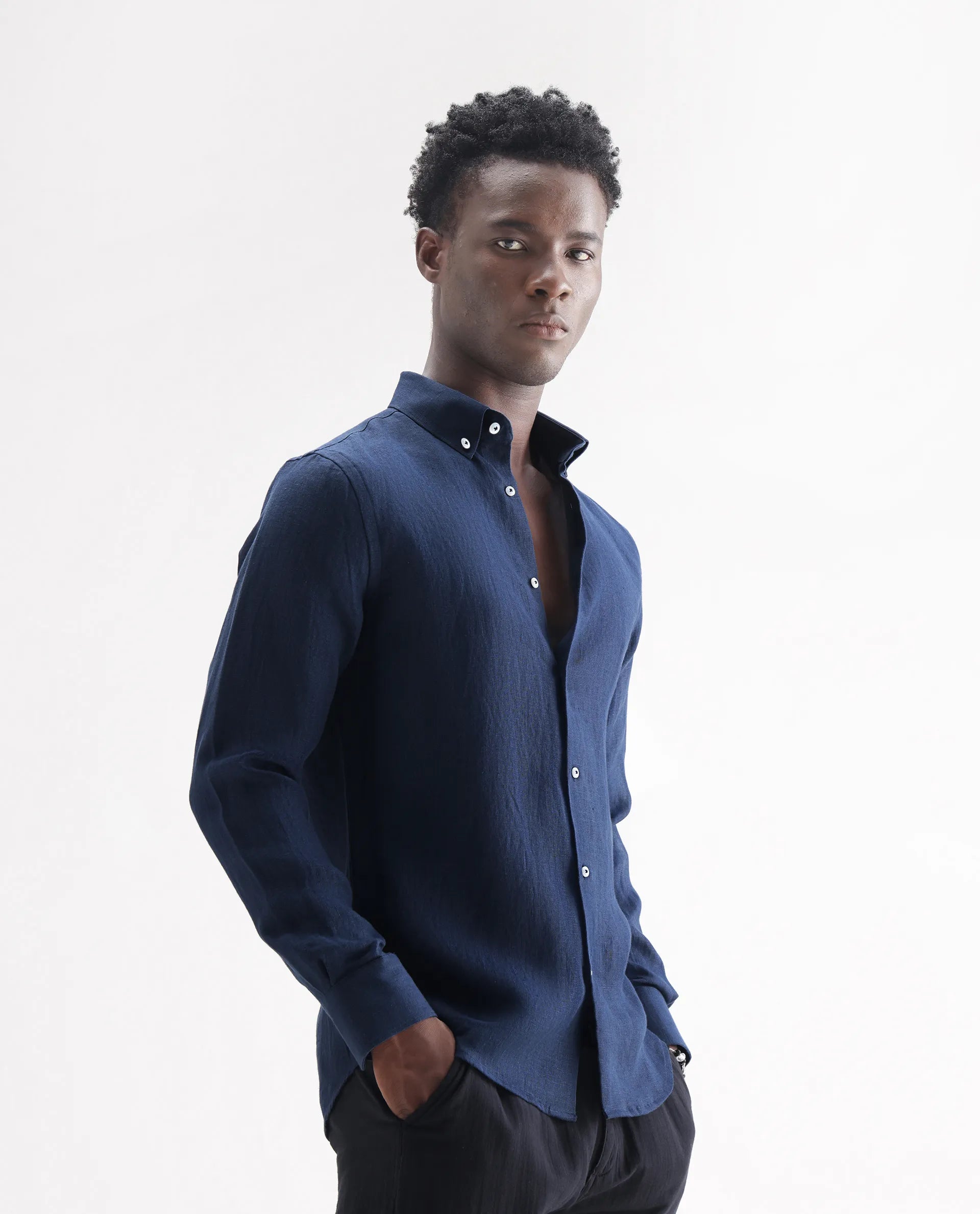 Rare Rabbit Men's Lucis Navy 100% Linen Plain Regular Fit Full Sleeve Collared Shirt