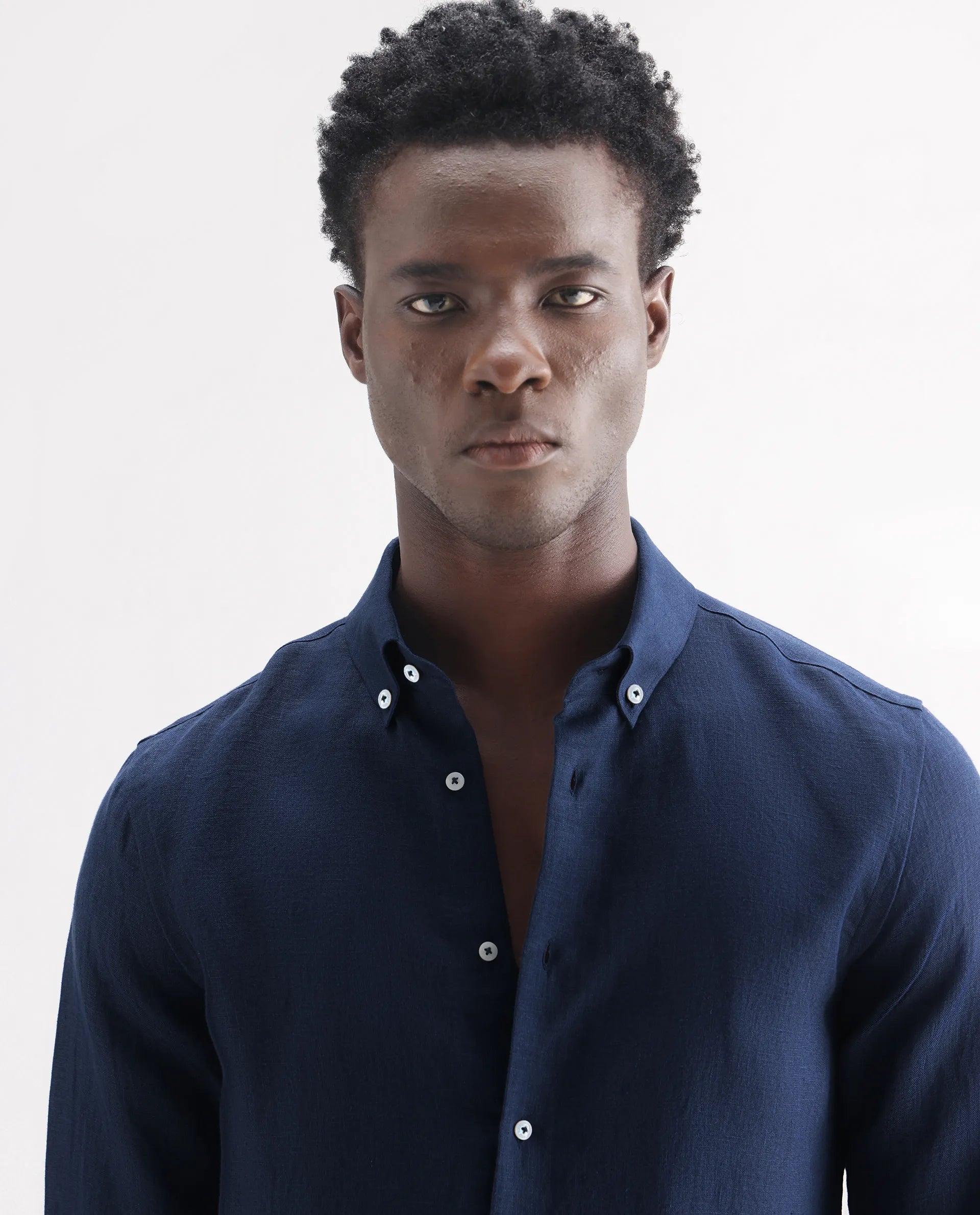 Rare Rabbit Men's Lucis Navy 100% Linen Plain Regular Fit Full Sleeve Collared Shirt