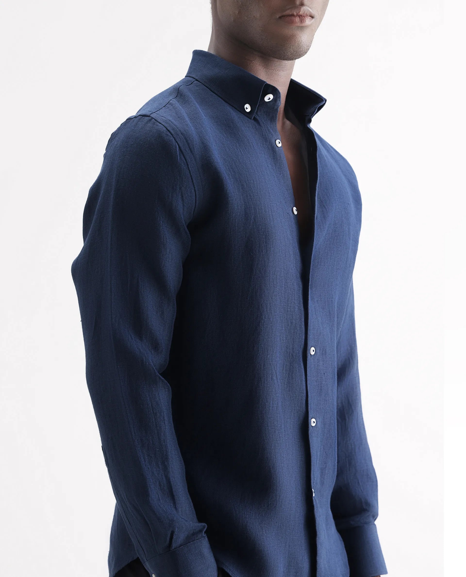 Rare Rabbit Men's Lucis Navy 100% Linen Plain Regular Fit Full Sleeve Collared Shirt