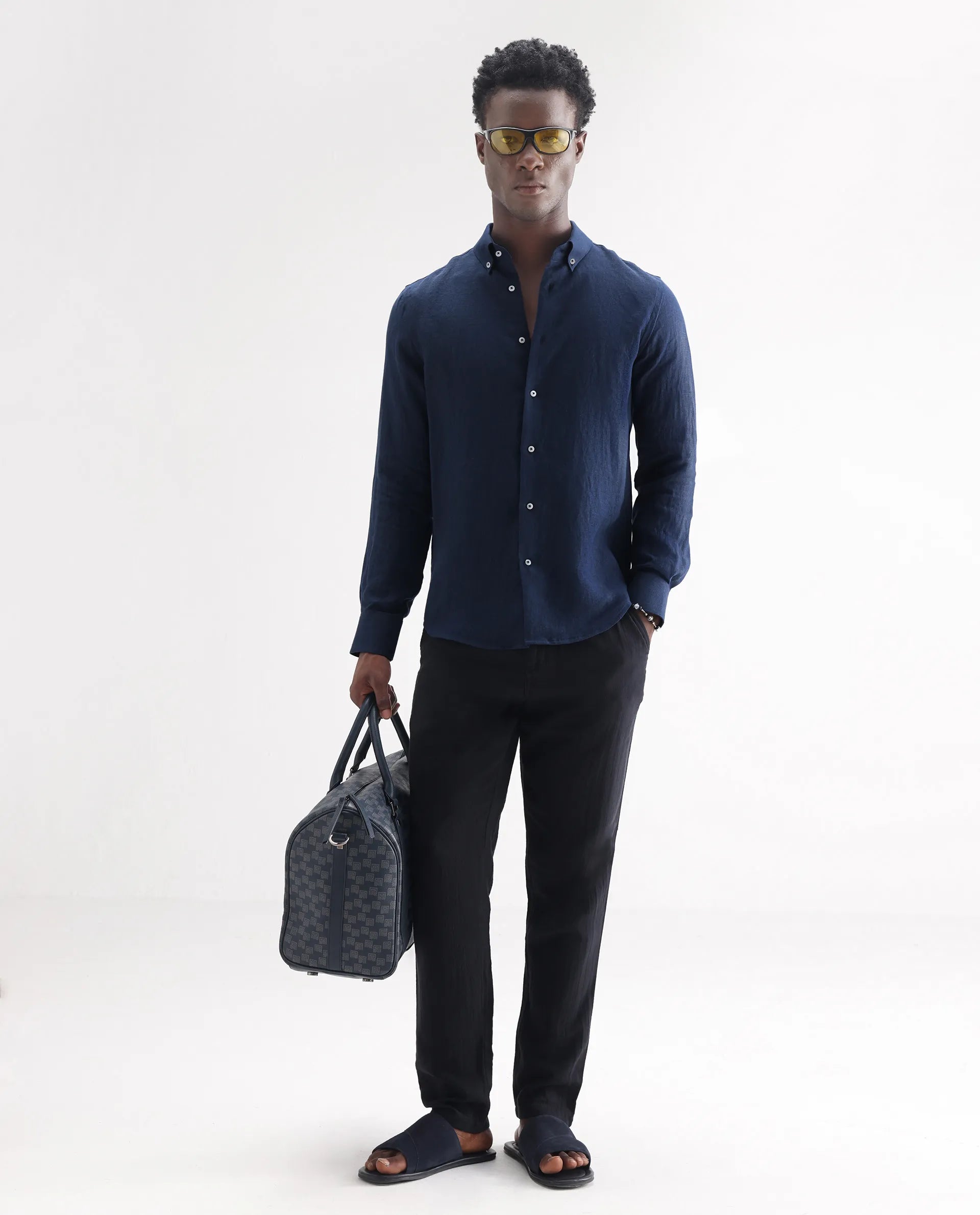 Rare Rabbit Men's Lucis Navy 100% Linen Plain Regular Fit Full Sleeve Collared Shirt