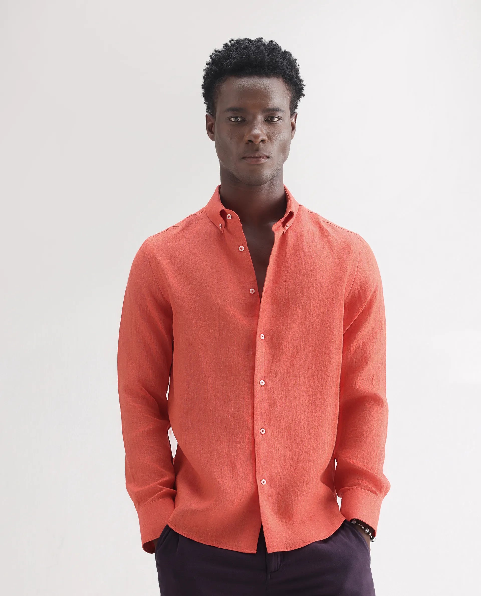 Rare Rabbit Men's Lucis Orange 100% Linen Plain Regular Fit Full Sleeve Collared Shirt