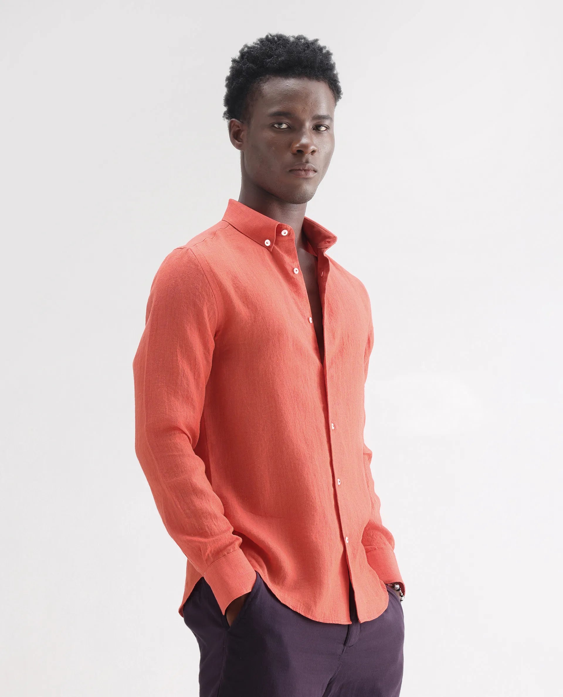 Rare Rabbit Men's Lucis Orange 100% Linen Plain Regular Fit Full Sleeve Collared Shirt