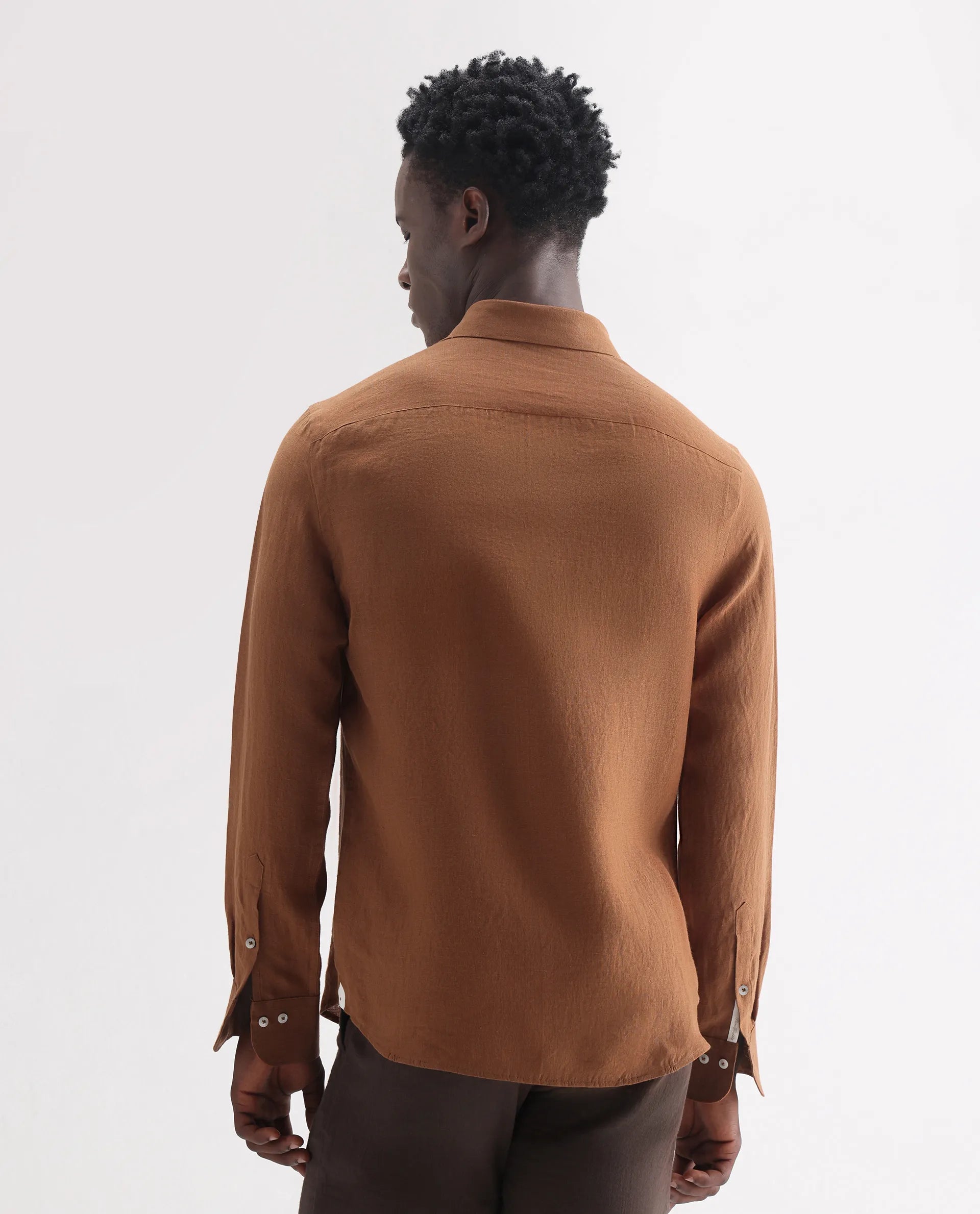 Rare Rabbit Men's Lucis Rust 100% Linen Plain Regular Fit Full Sleeve Collared Shirt