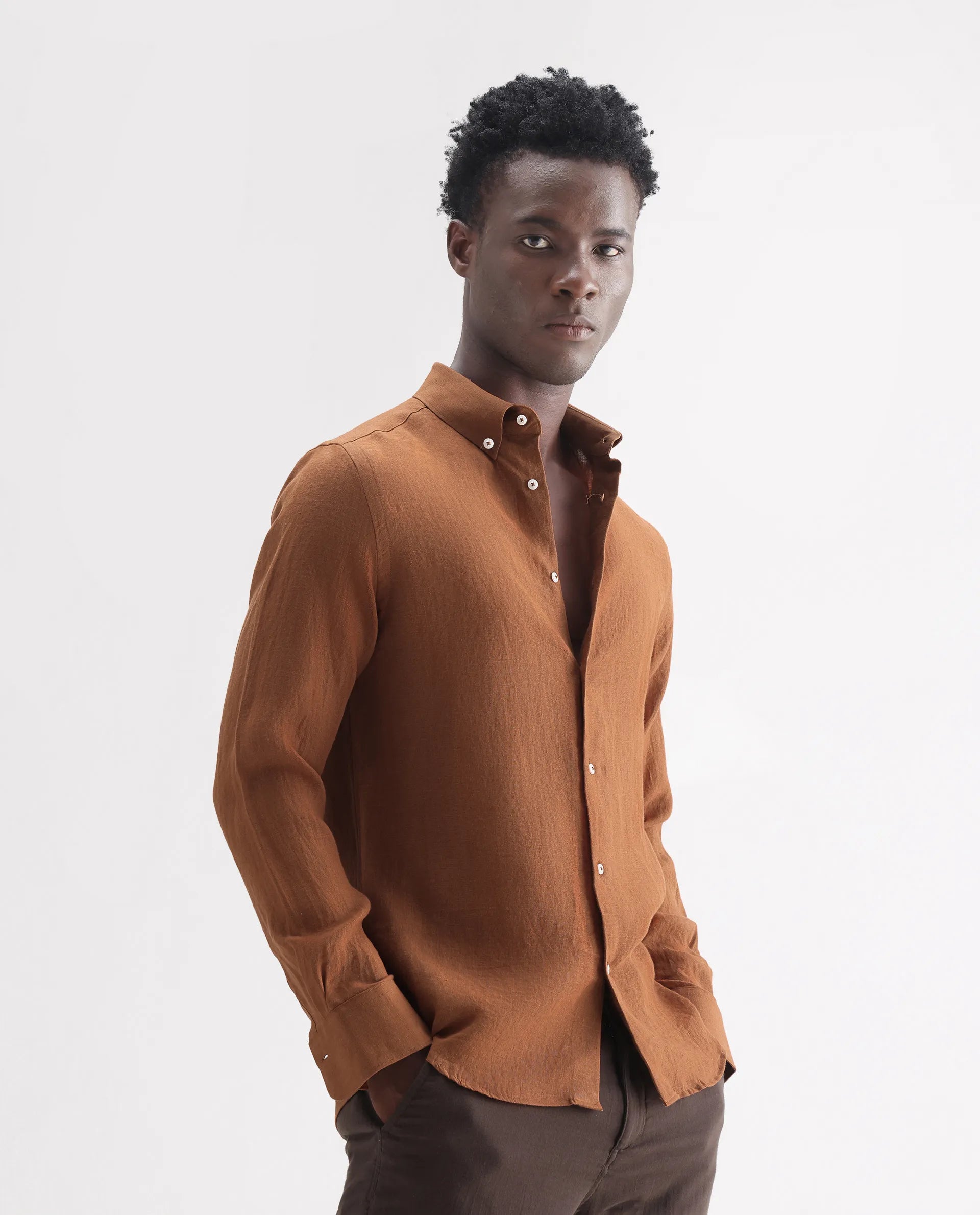 Rare Rabbit Men's Lucis Rust 100% Linen Plain Regular Fit Full Sleeve Collared Shirt