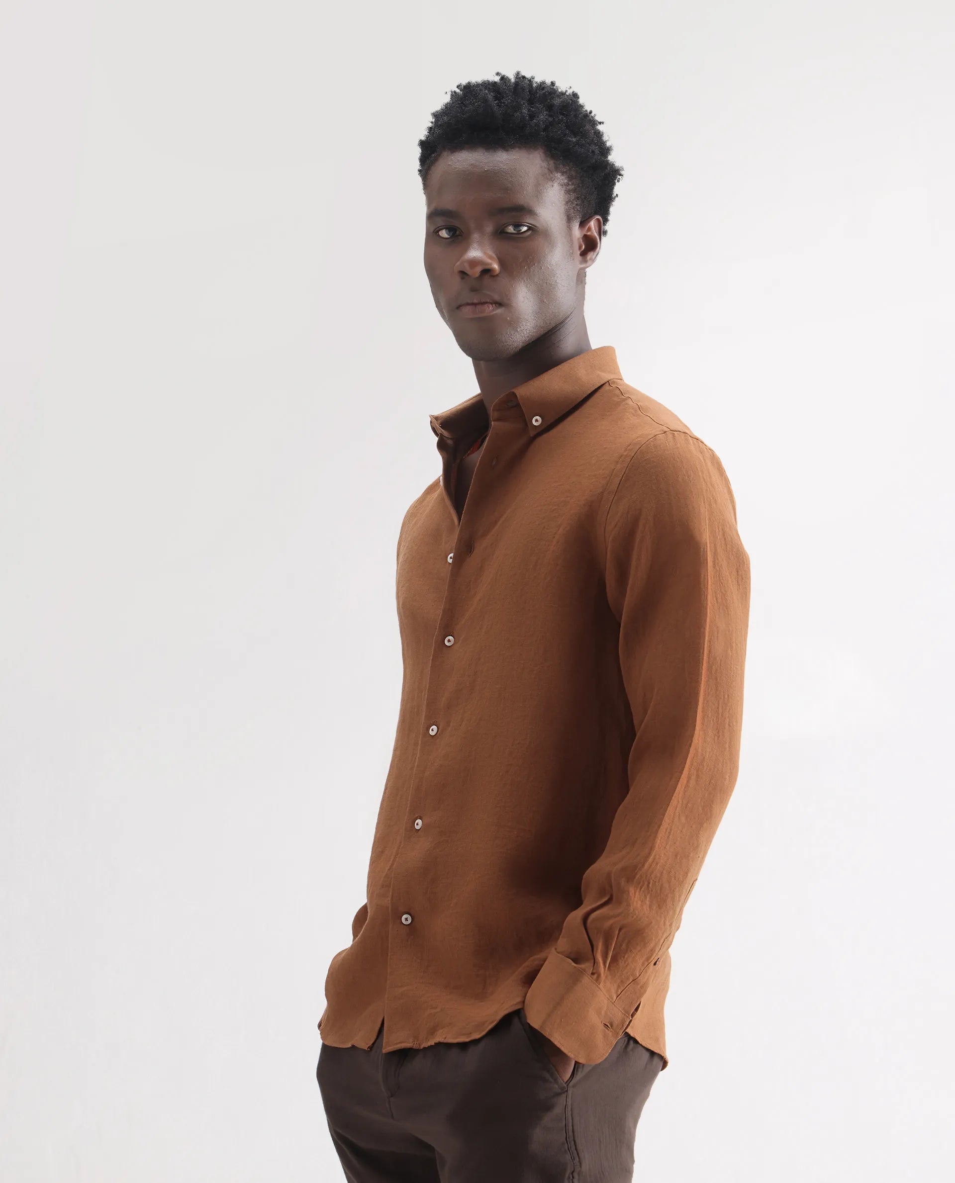 Rare Rabbit Men's Lucis Rust 100% Linen Plain Regular Fit Full Sleeve Collared Shirt