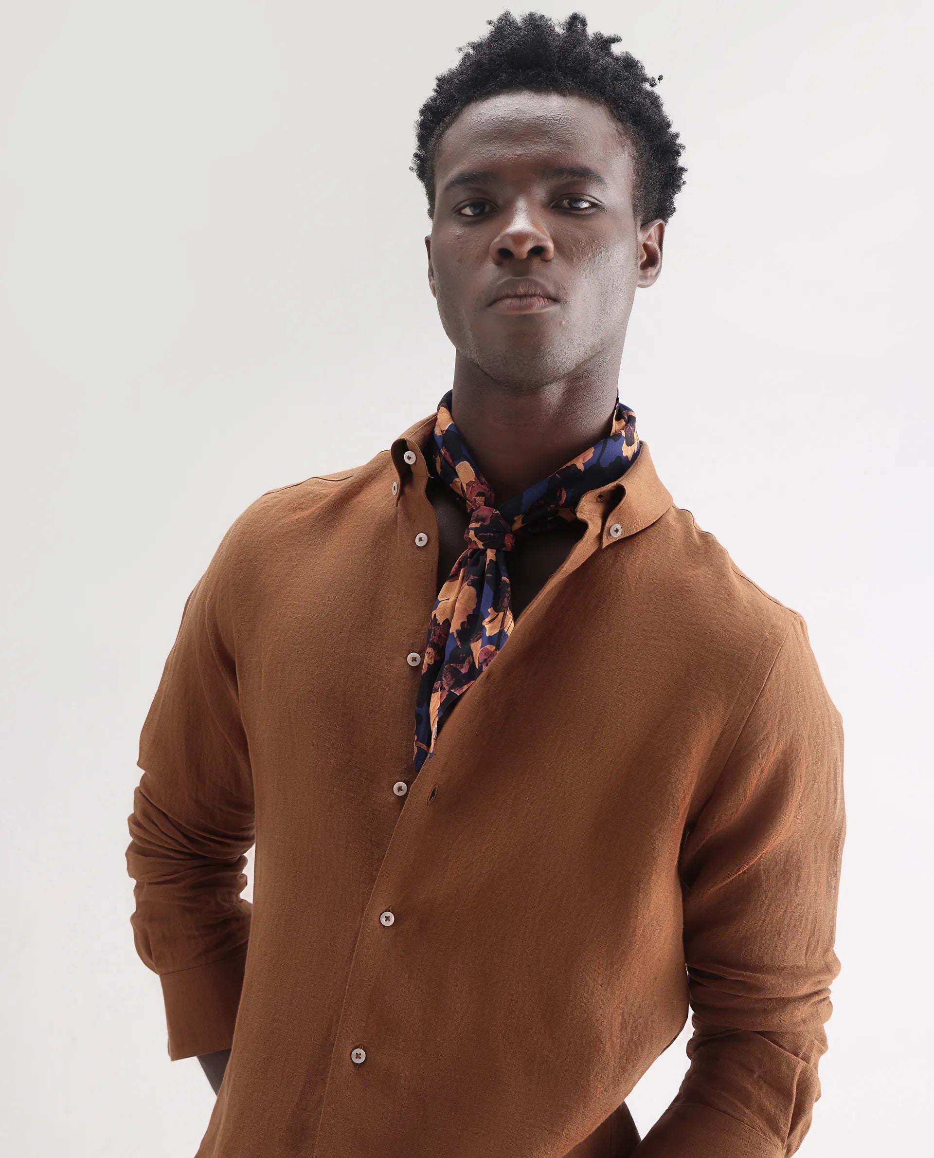 Rare Rabbit Men's Lucis Rust 100% Linen Plain Regular Fit Full Sleeve Collared Shirt