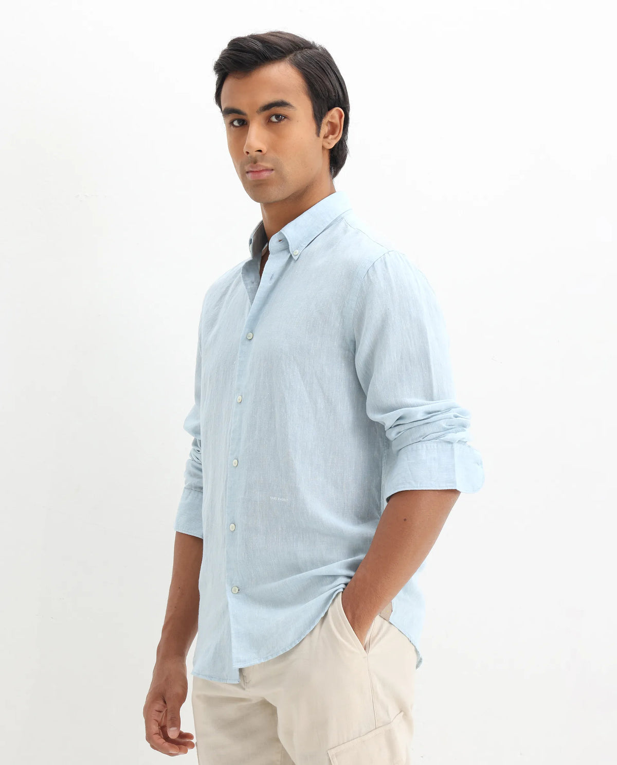 Rare Rabbit Men's Lucis Light Blue 100% Linen Plain Regular Fit Full Sleeve Collared Shirt