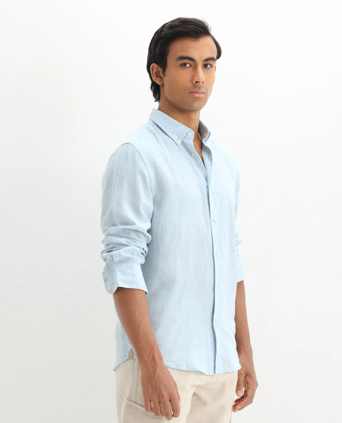 Rare Rabbit Men's Lucis Light Blue 100% Linen Plain Regular Fit Full Sleeve Collared Shirt