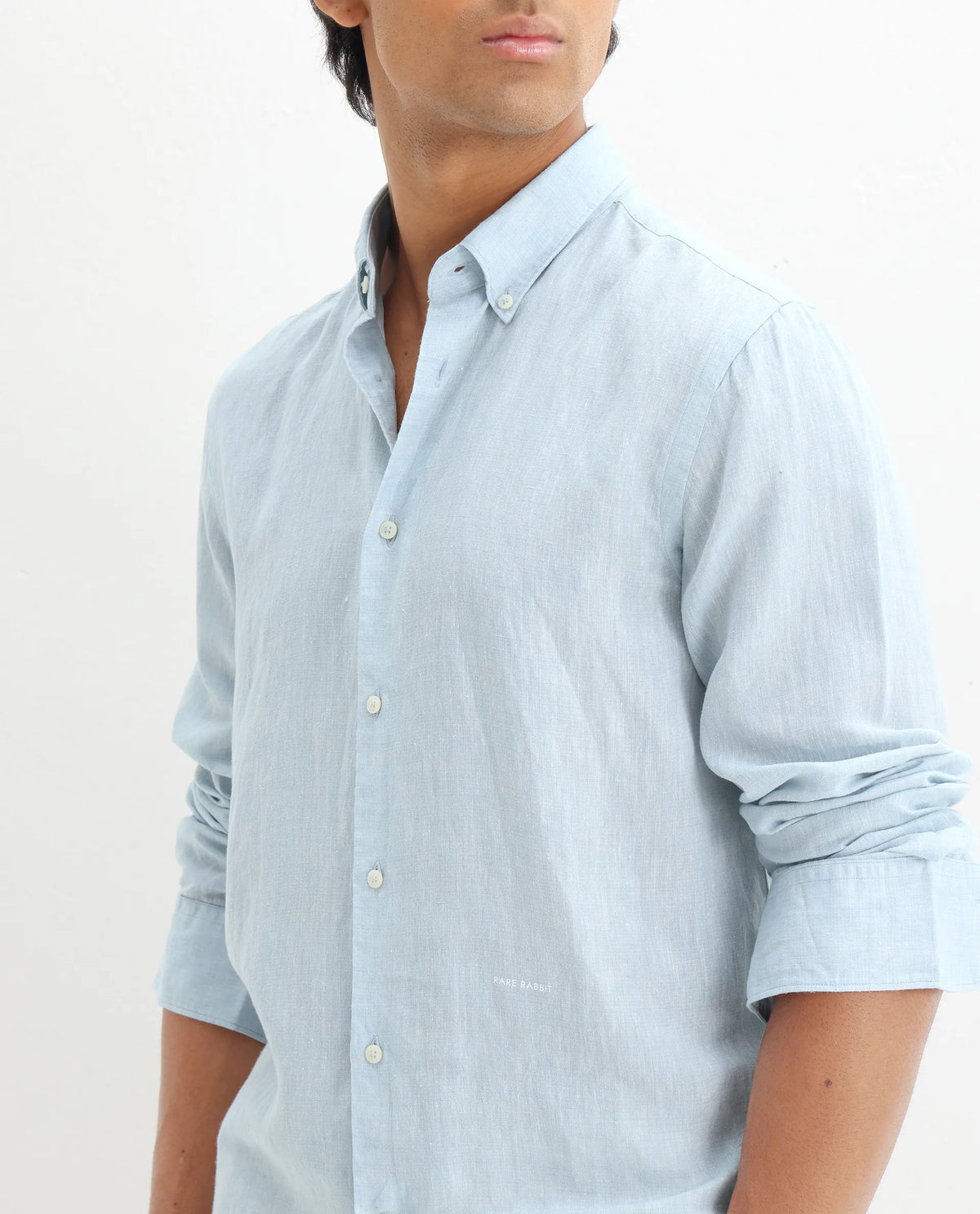 Rare Rabbit Men's Lucis Light Blue 100% Linen Plain Regular Fit Full Sleeve Collared Shirt