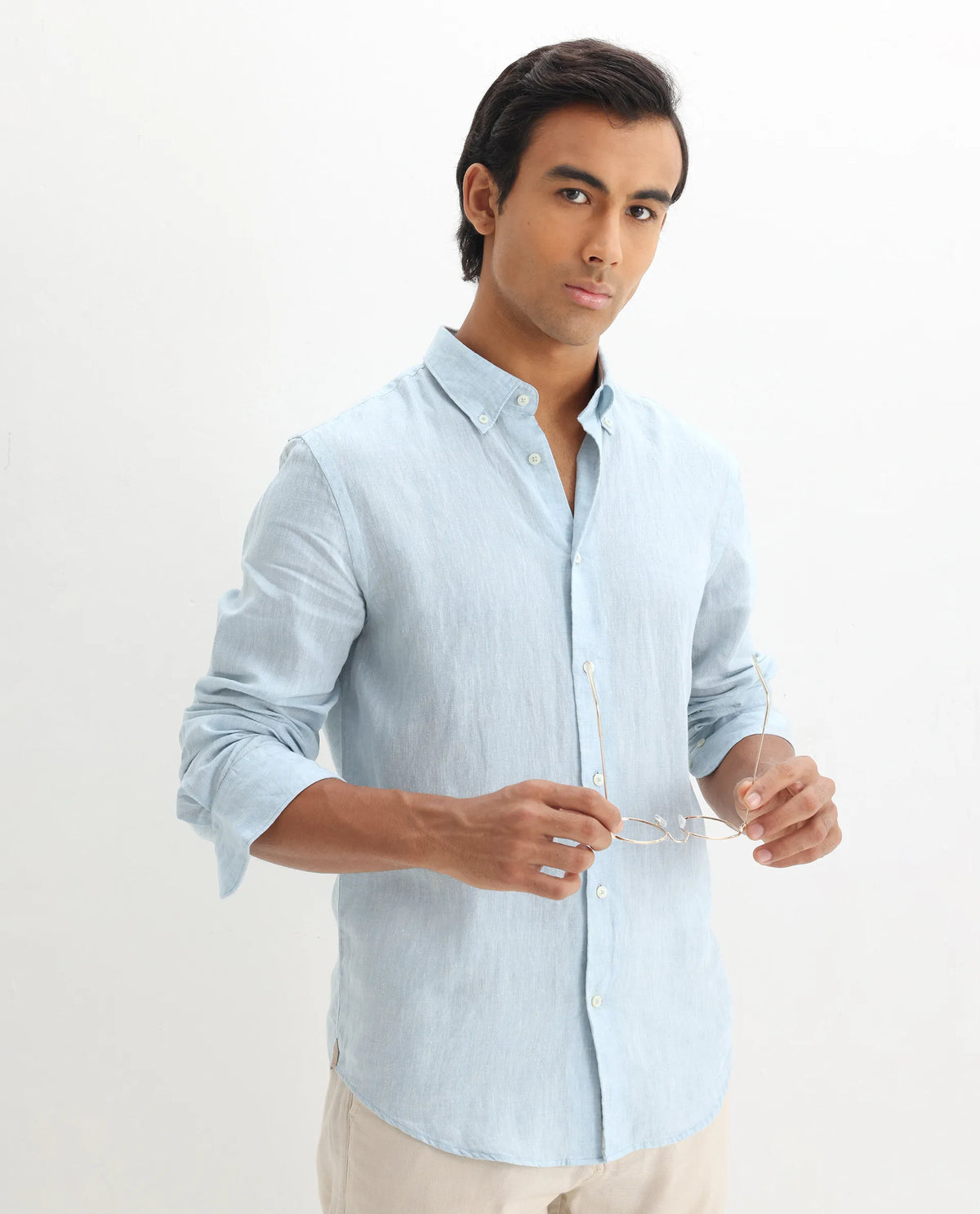 Rare Rabbit Men's Lucis Light Blue 100% Linen Plain Regular Fit Full Sleeve Collared Shirt