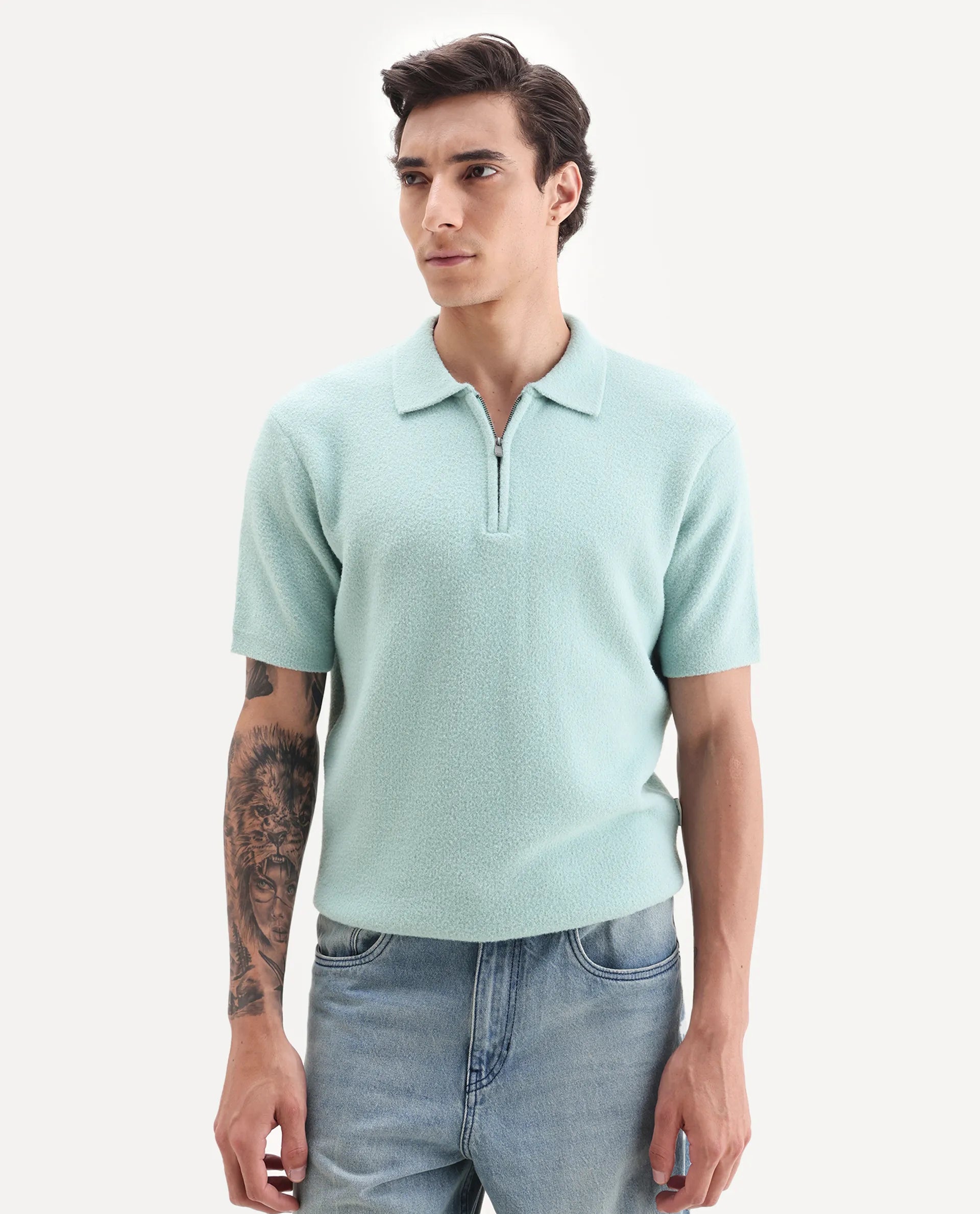 Rare Rabbit Men's Luco Blue Cotton Blend Fabric Collared Neck Regular Plain Polo