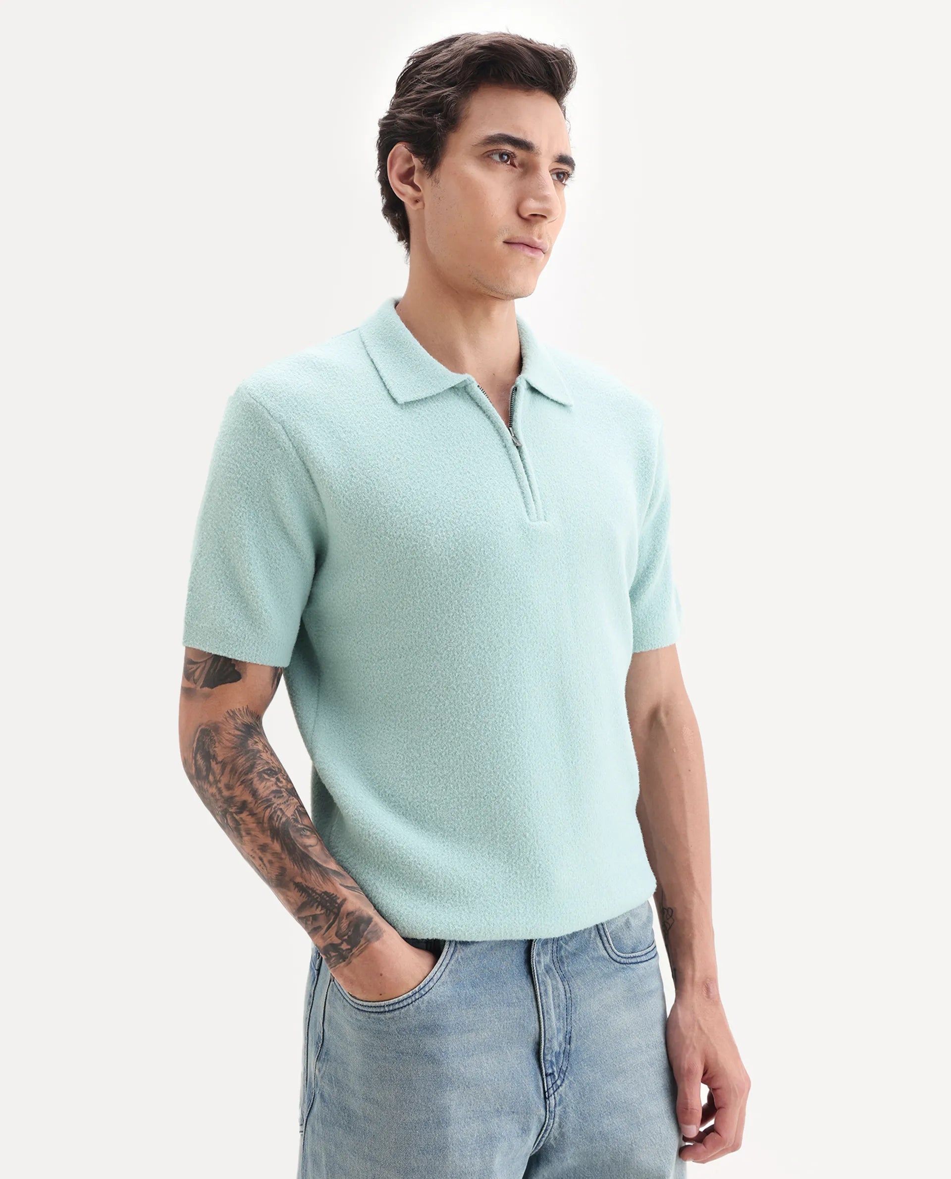 Rare Rabbit Men's Luco Blue Cotton Blend Fabric Collared Neck Regular Plain Polo