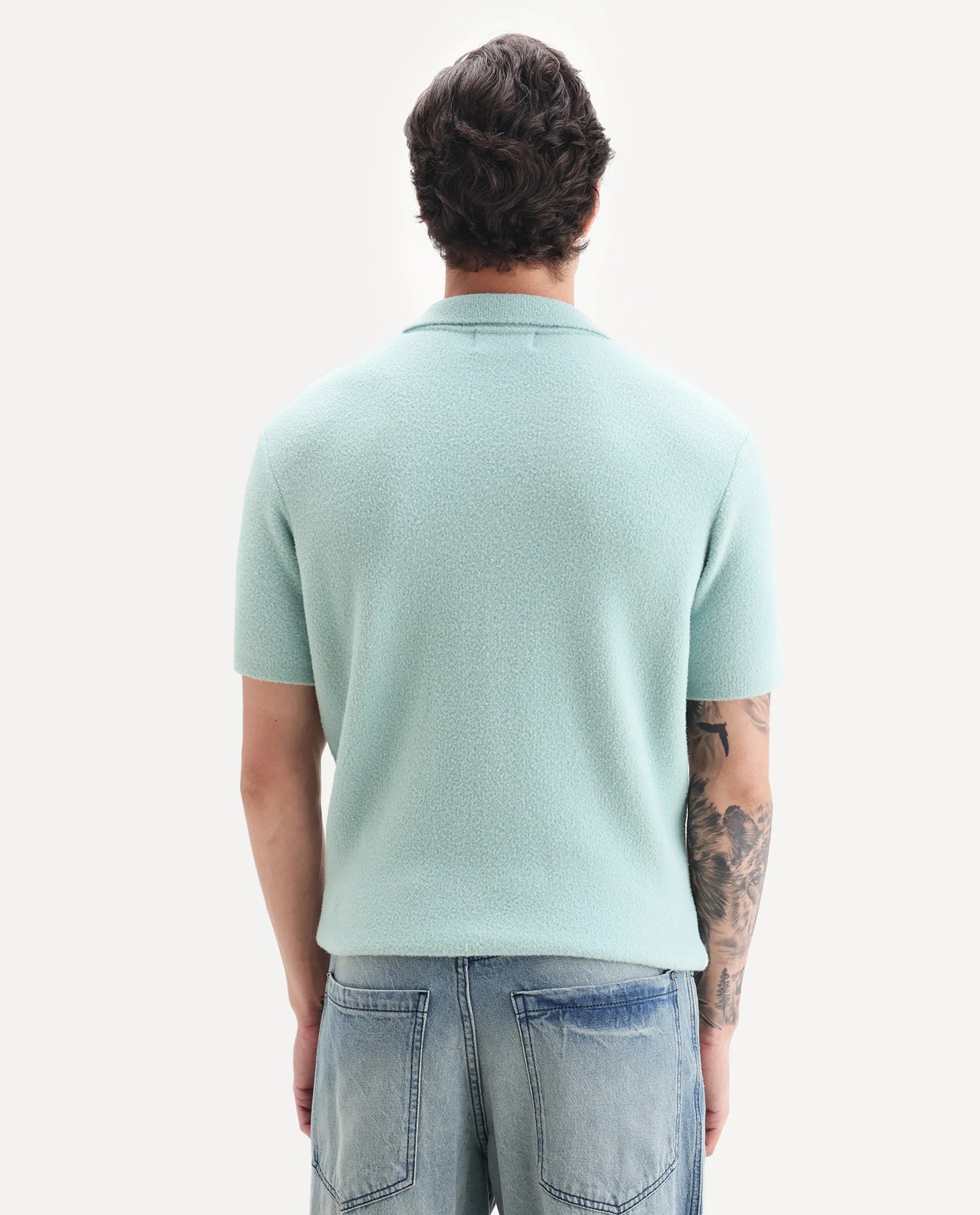 Rare Rabbit Men's Luco Blue Cotton Blend Fabric Collared Neck Regular Plain Polo