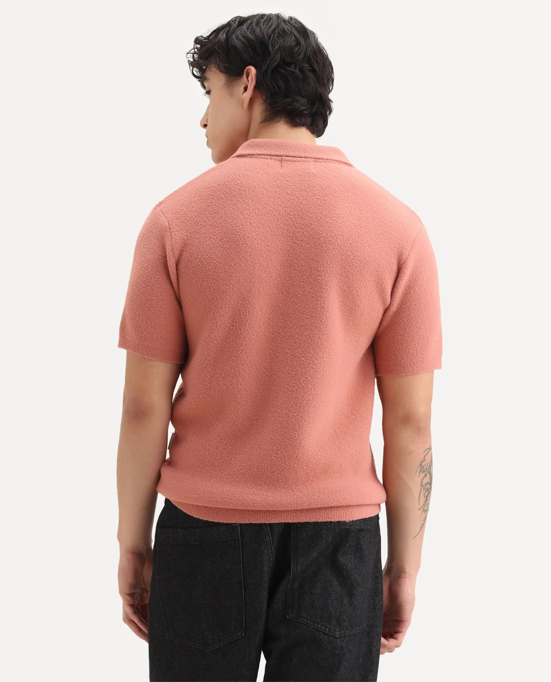 Rare Rabbit Men's Luco Orange Cotton Blend Fabric Collared Neck Regular Plain Polo