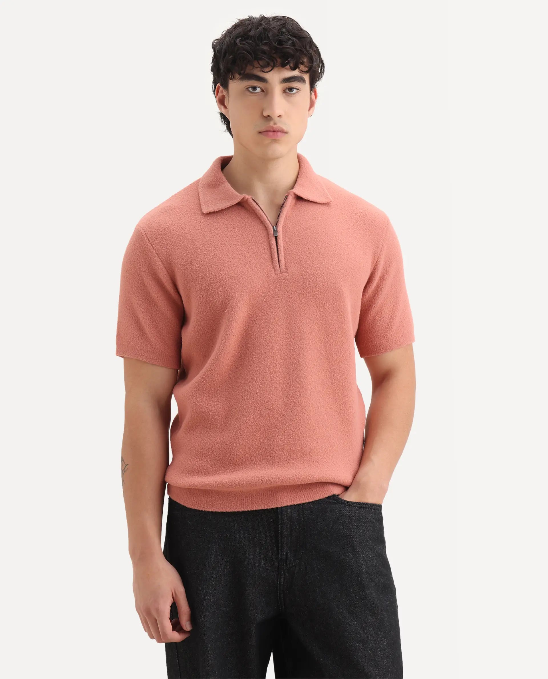 Rare Rabbit Men's Luco Orange Cotton Blend Fabric Collared Neck Regular Plain Polo