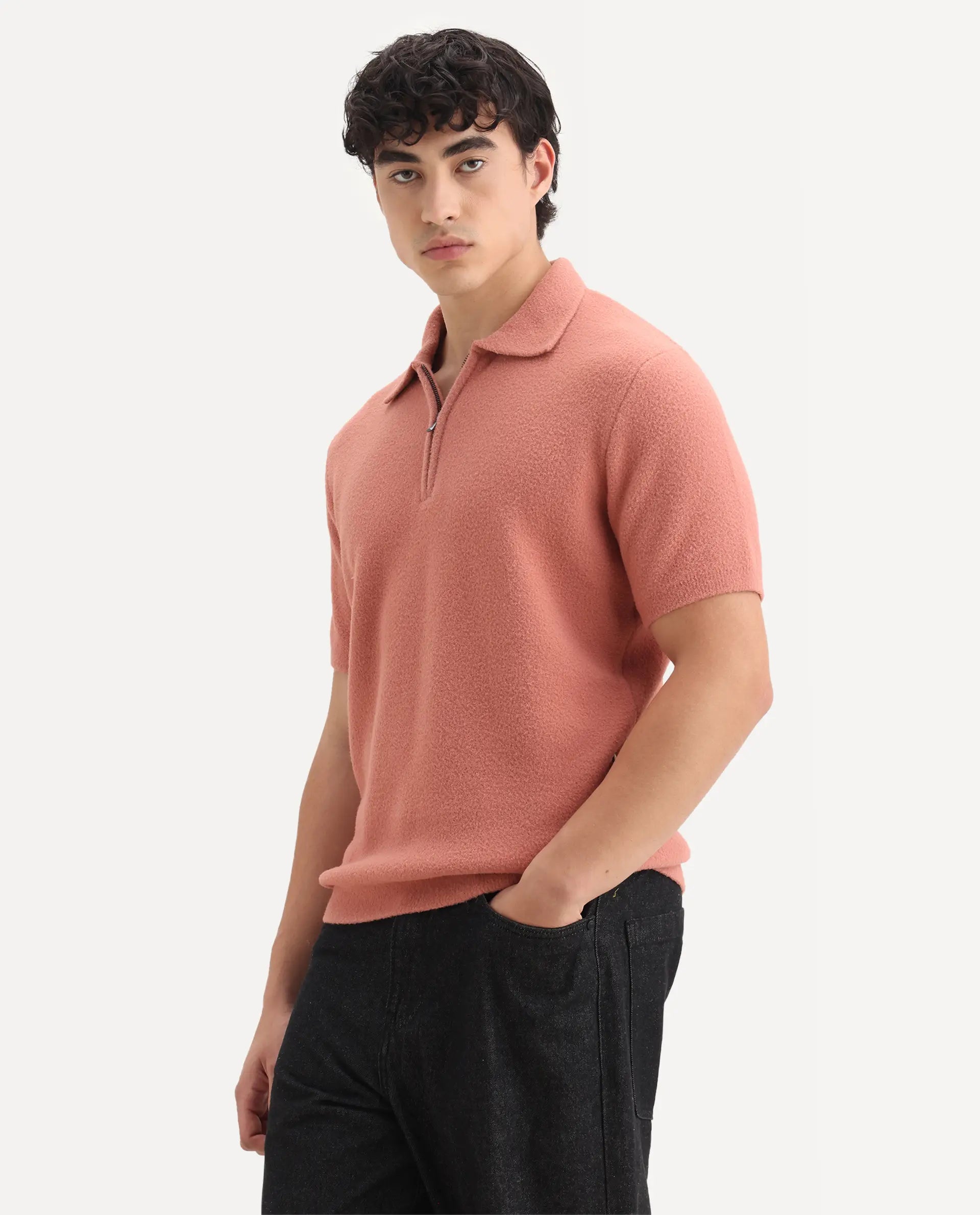 Rare Rabbit Men's Luco Orange Cotton Blend Fabric Collared Neck Regular Plain Polo