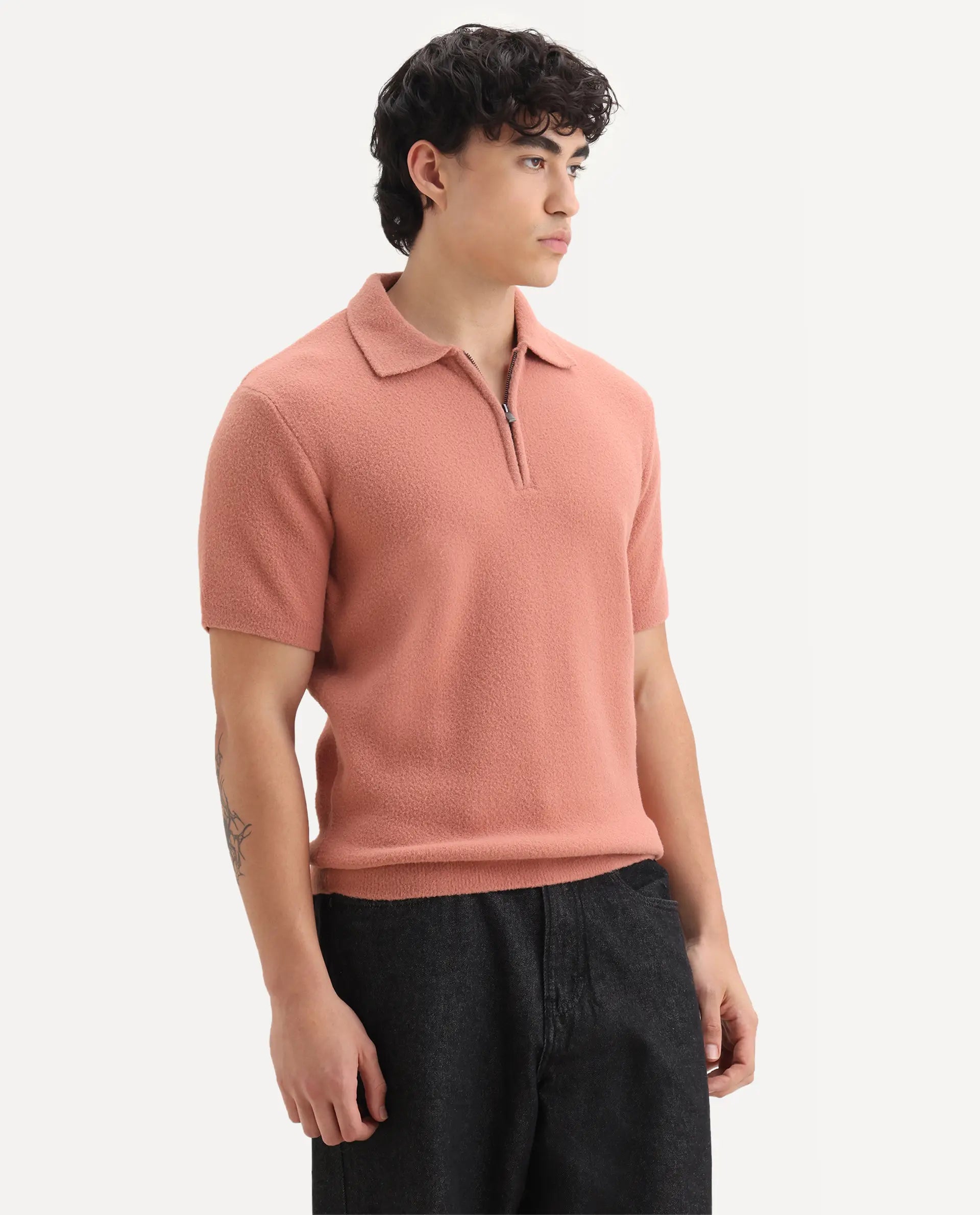 Rare Rabbit Men's Luco Orange Cotton Blend Fabric Collared Neck Regular Plain Polo