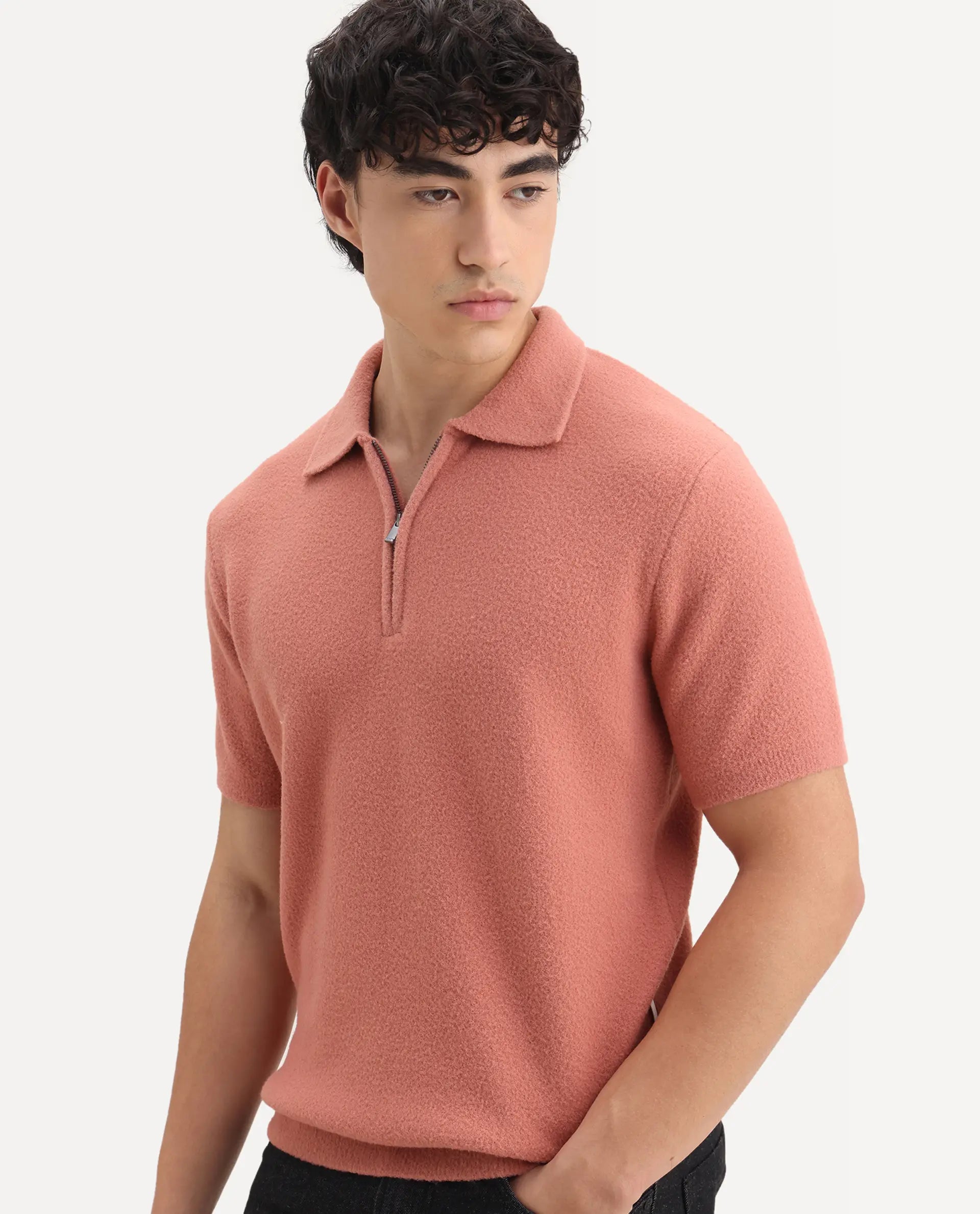 Rare Rabbit Men's Luco Orange Cotton Blend Fabric Collared Neck Regular Plain Polo
