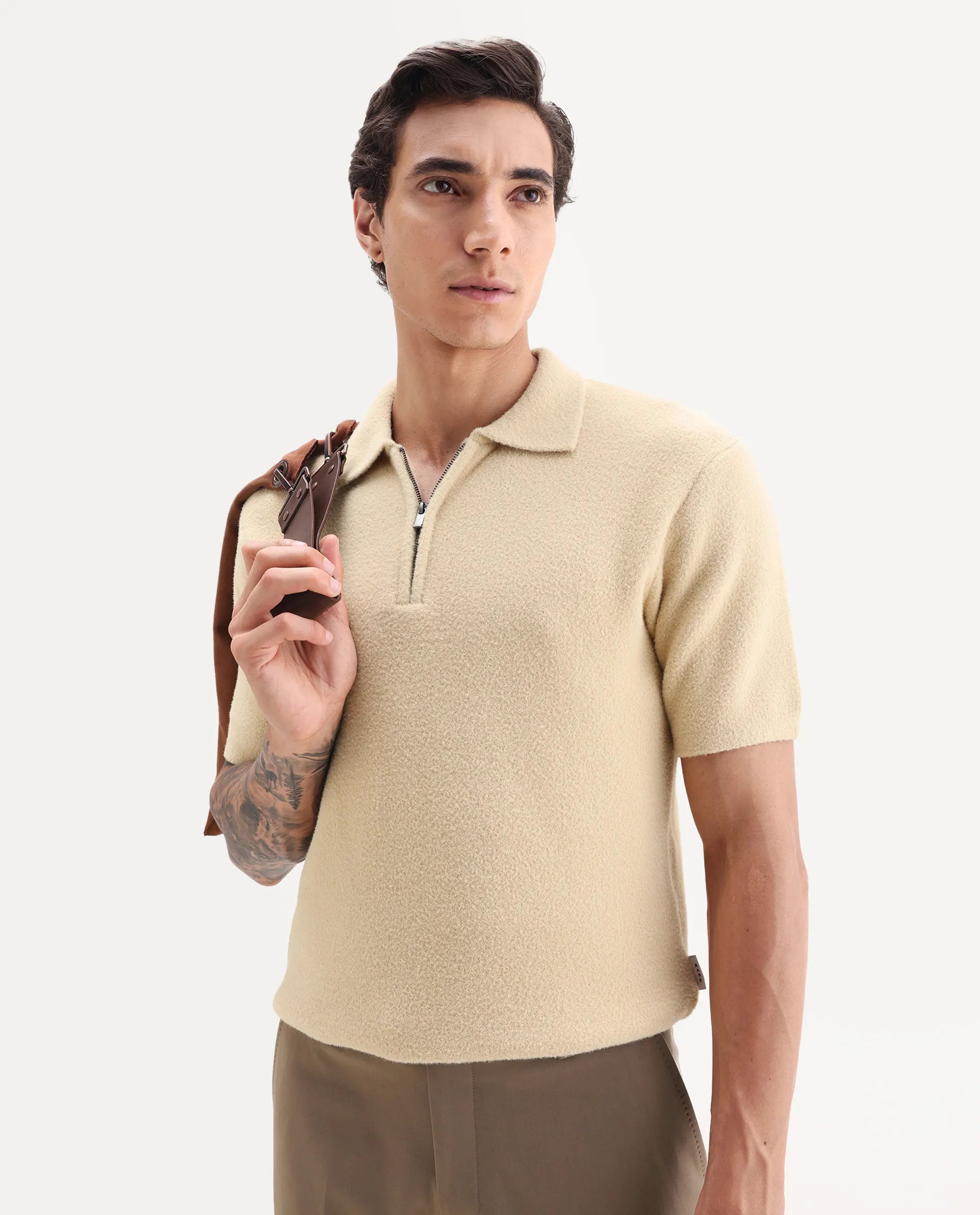 Rare Rabbit Men's Luco Yellow Cotton Blend Fabric Collared Neck Regular Plain Polo