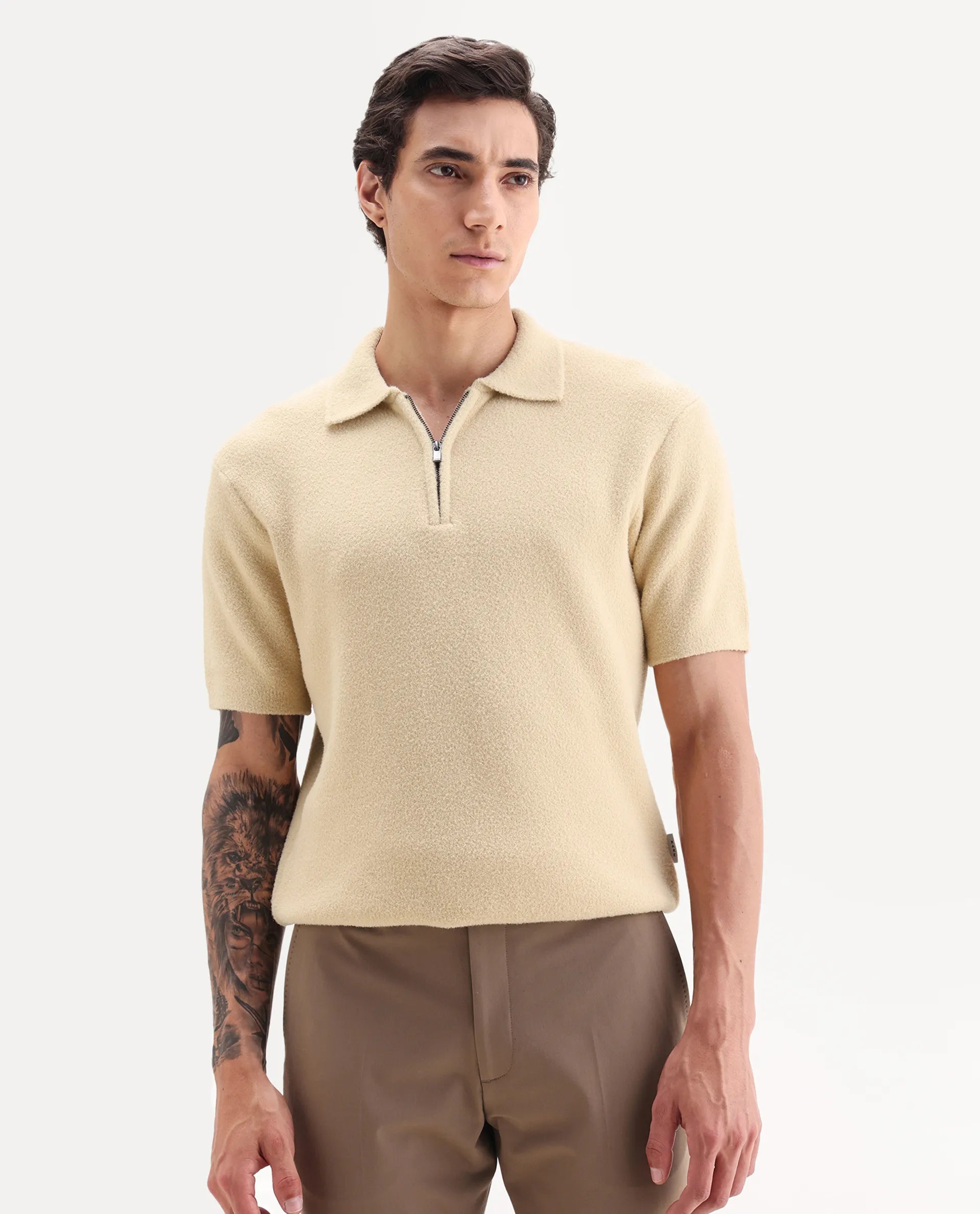 Rare Rabbit Men's Luco Yellow Cotton Blend Fabric Collared Neck Regular Plain Polo