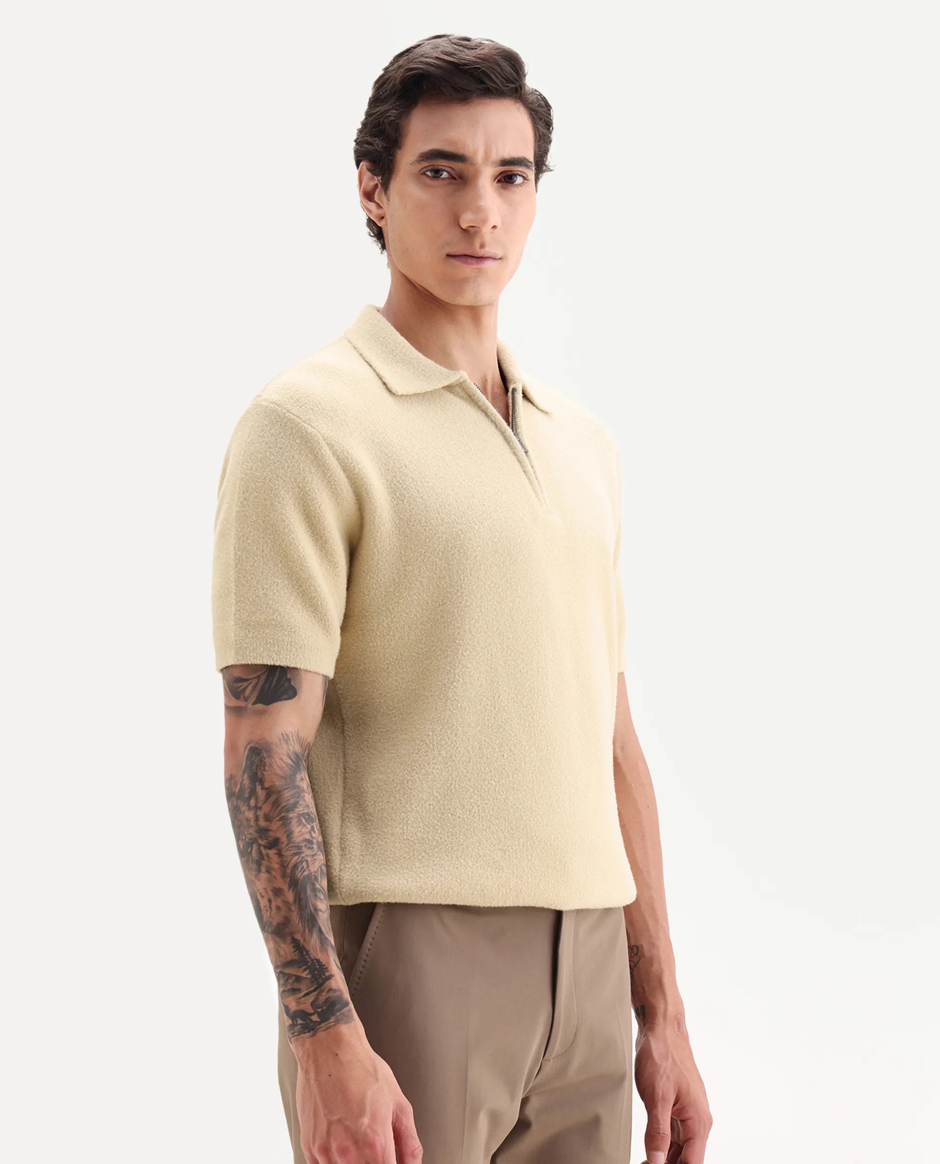 Rare Rabbit Men's Luco Yellow Cotton Blend Fabric Collared Neck Regular Plain Polo