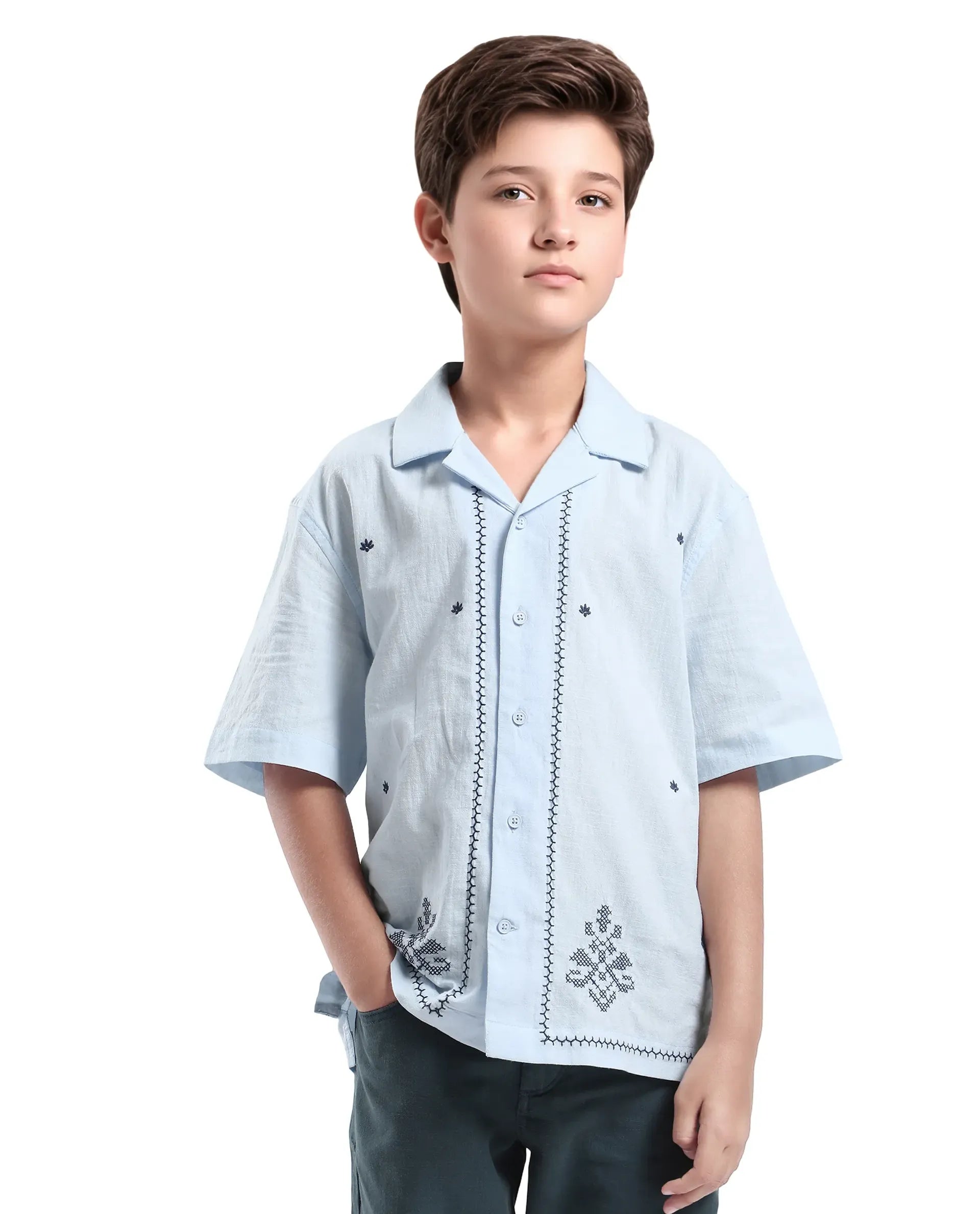 Rare Ones Kids Lucy Light Blue Cotton Half Sleeve Button Embroidered Regular Fit Shirt