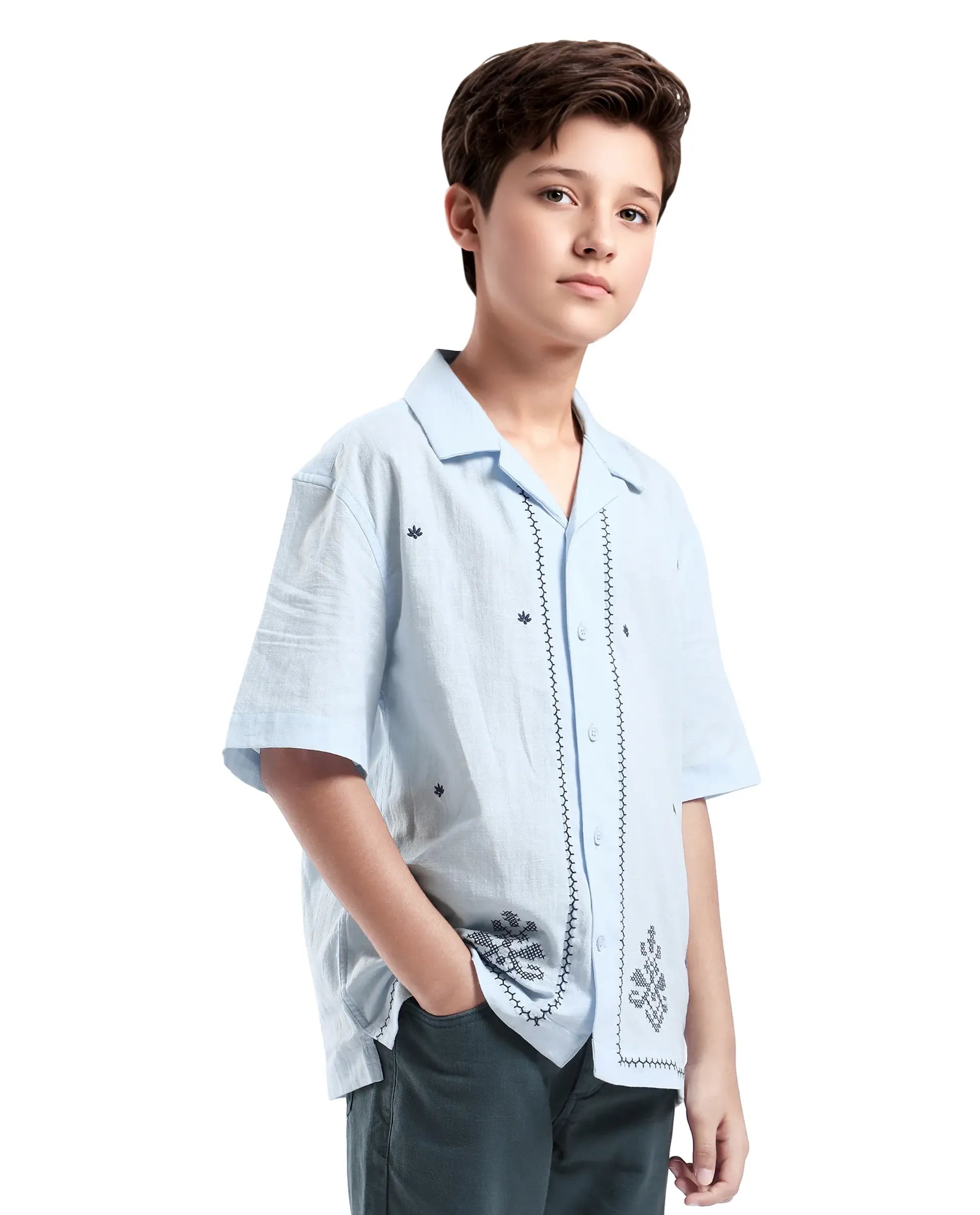 Rare Ones Kids Lucy Light Blue Cotton Half Sleeve Button Embroidered Regular Fit Shirt