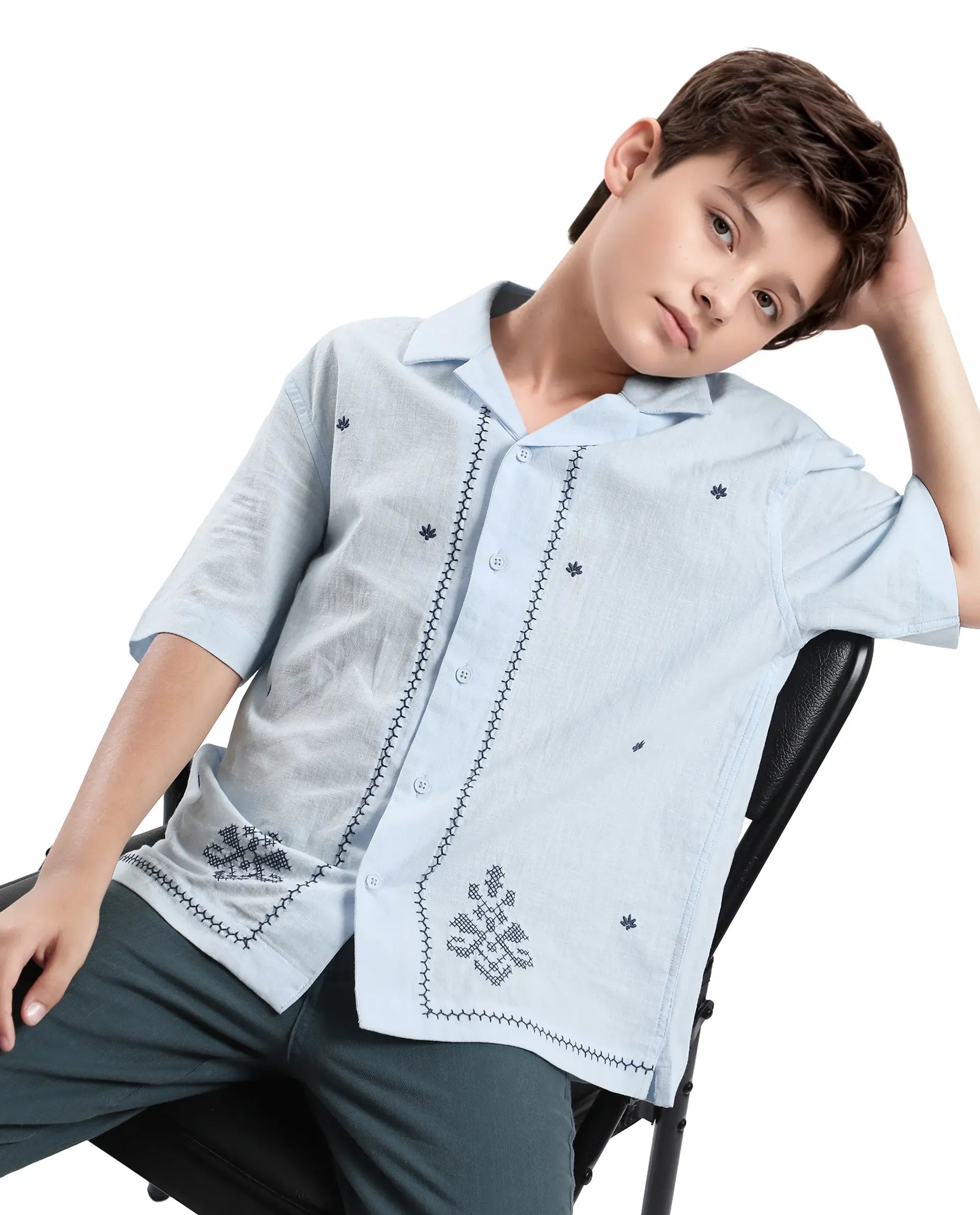 Rare Ones Kids Lucy Light Blue Cotton Half Sleeve Button Embroidered Regular Fit Shirt