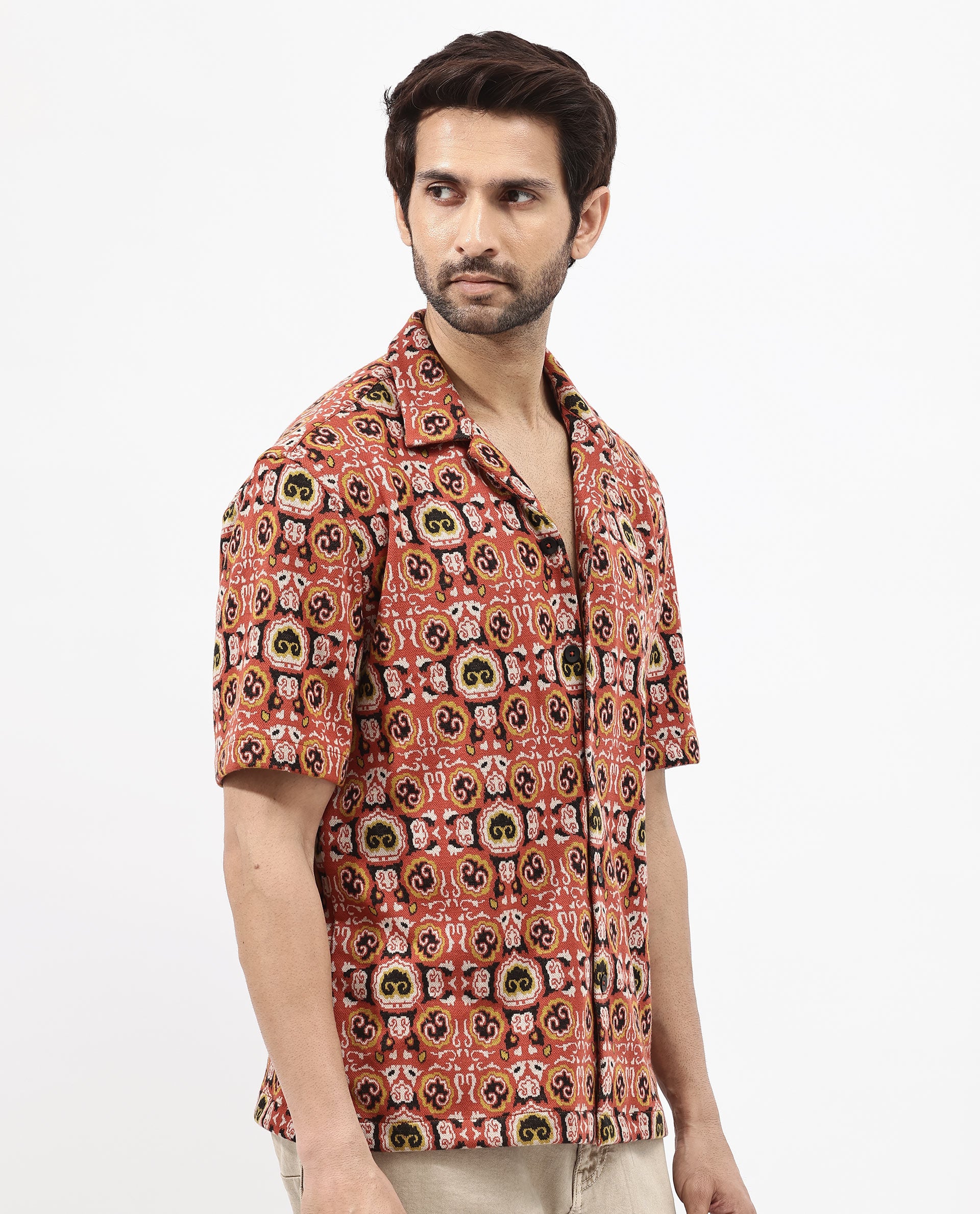 Rare Rabbit Men's Lueno Rust Cotton Polyester Fabric Short Sleeves Cuban Collar Boxy Fit Jacquard Textured Shirt