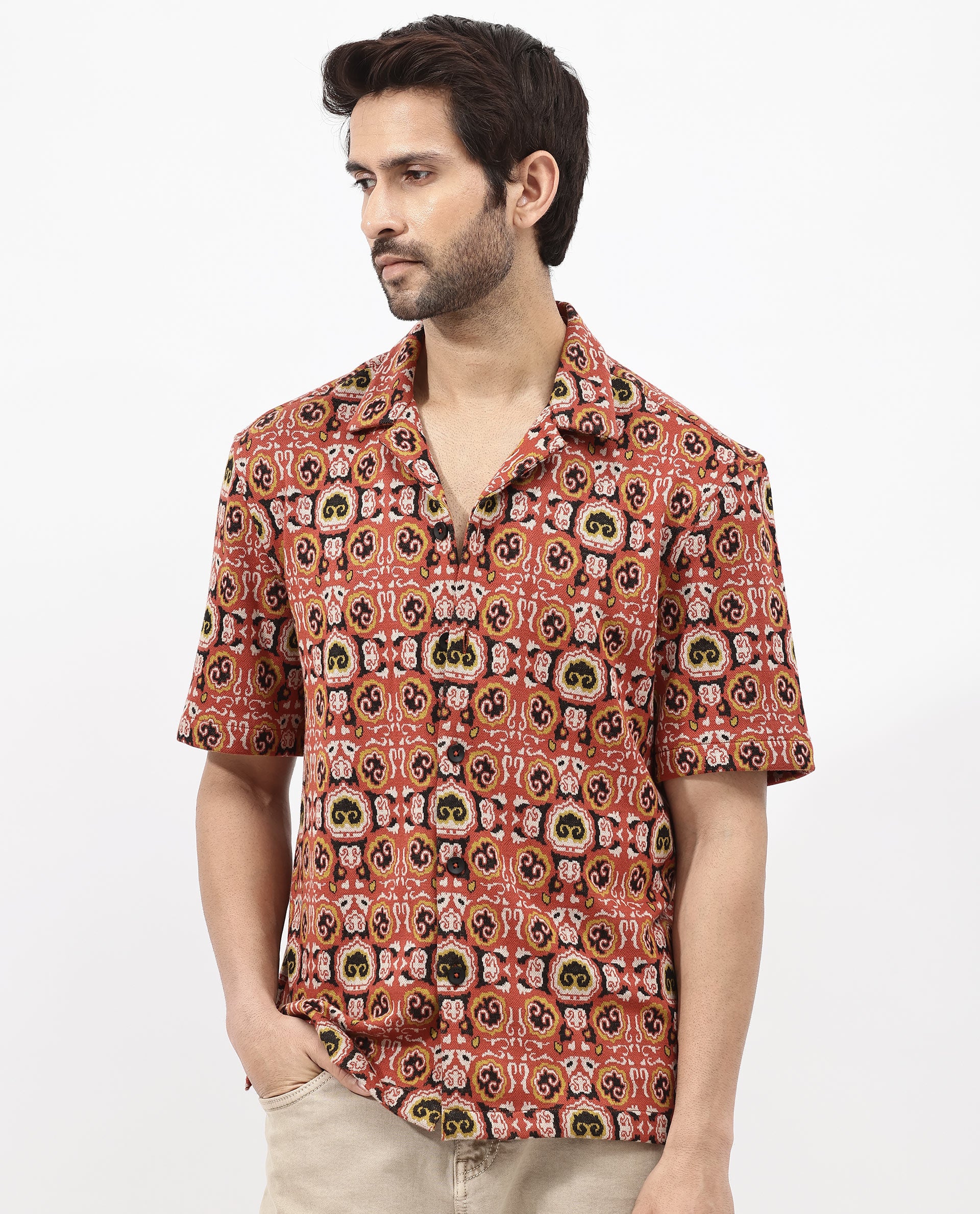 Rare Rabbit Men's Lueno Rust Cotton Polyester Fabric Short Sleeves Cuban Collar Boxy Fit Jacquard Textured Shirt