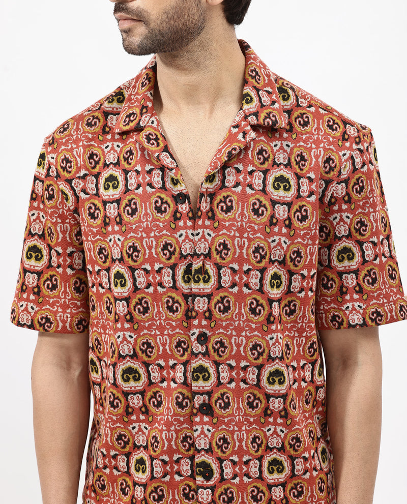Rare Rabbit Men's Lueno Rust Cotton Poly Fabric Short Sleeves Collared Neck Boxy Fit Jacquard Textured Shirt
