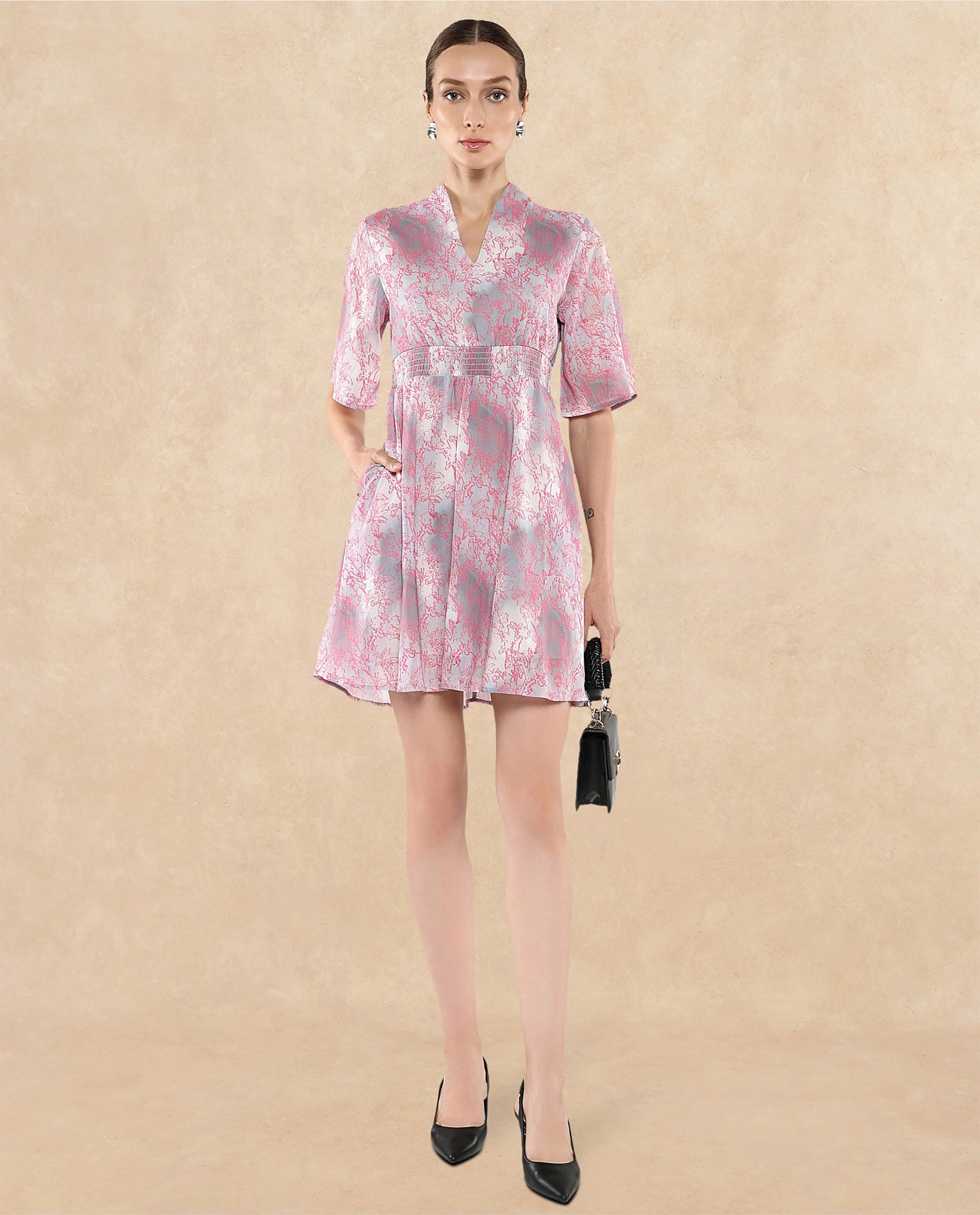 Rareism Women Luffy Grey Flared Sleeve Abstract Print Dress