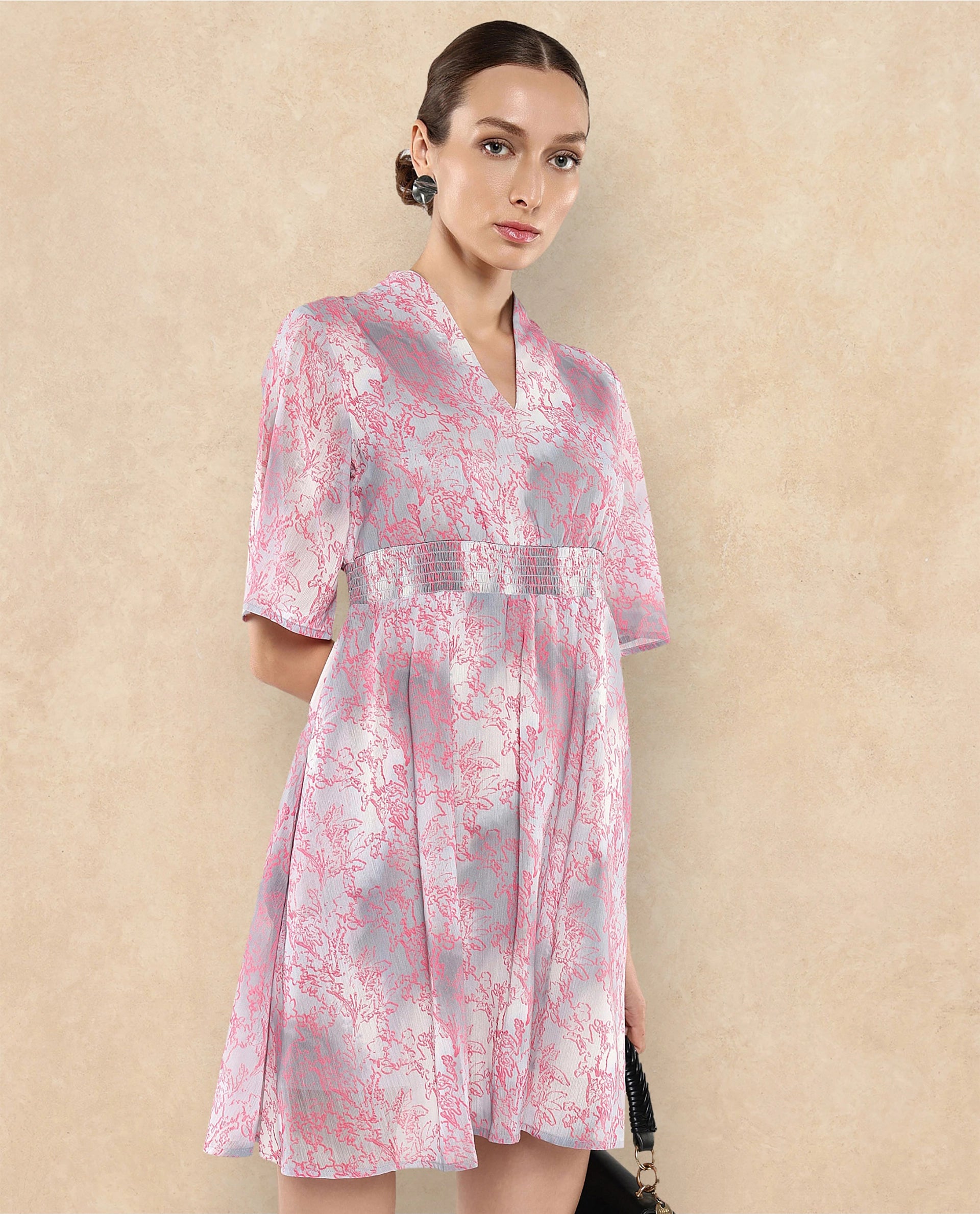 Rareism Women Luffy Grey Flared Sleeve Abstract Print Dress