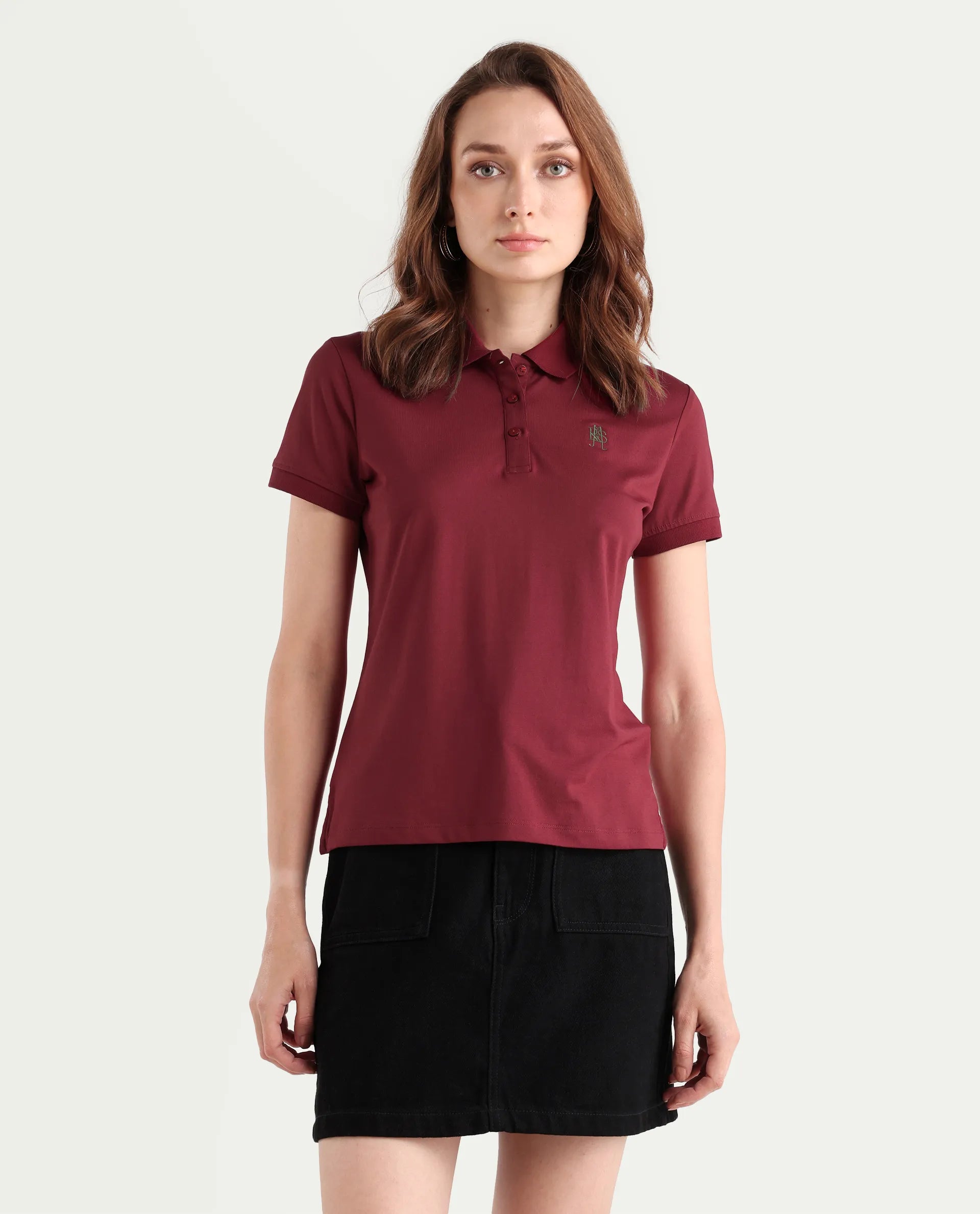 Rareism Women's Lugano Maroon Cotton Blend Polo Neck Plain Regular Fit Polo