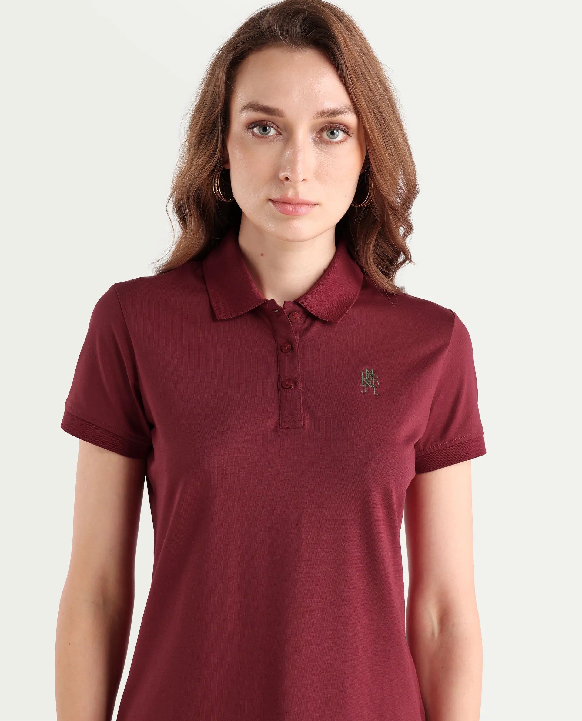 Rareism Women's Lugano Maroon Cotton Blend Polo Neck Plain Regular Fit Polo