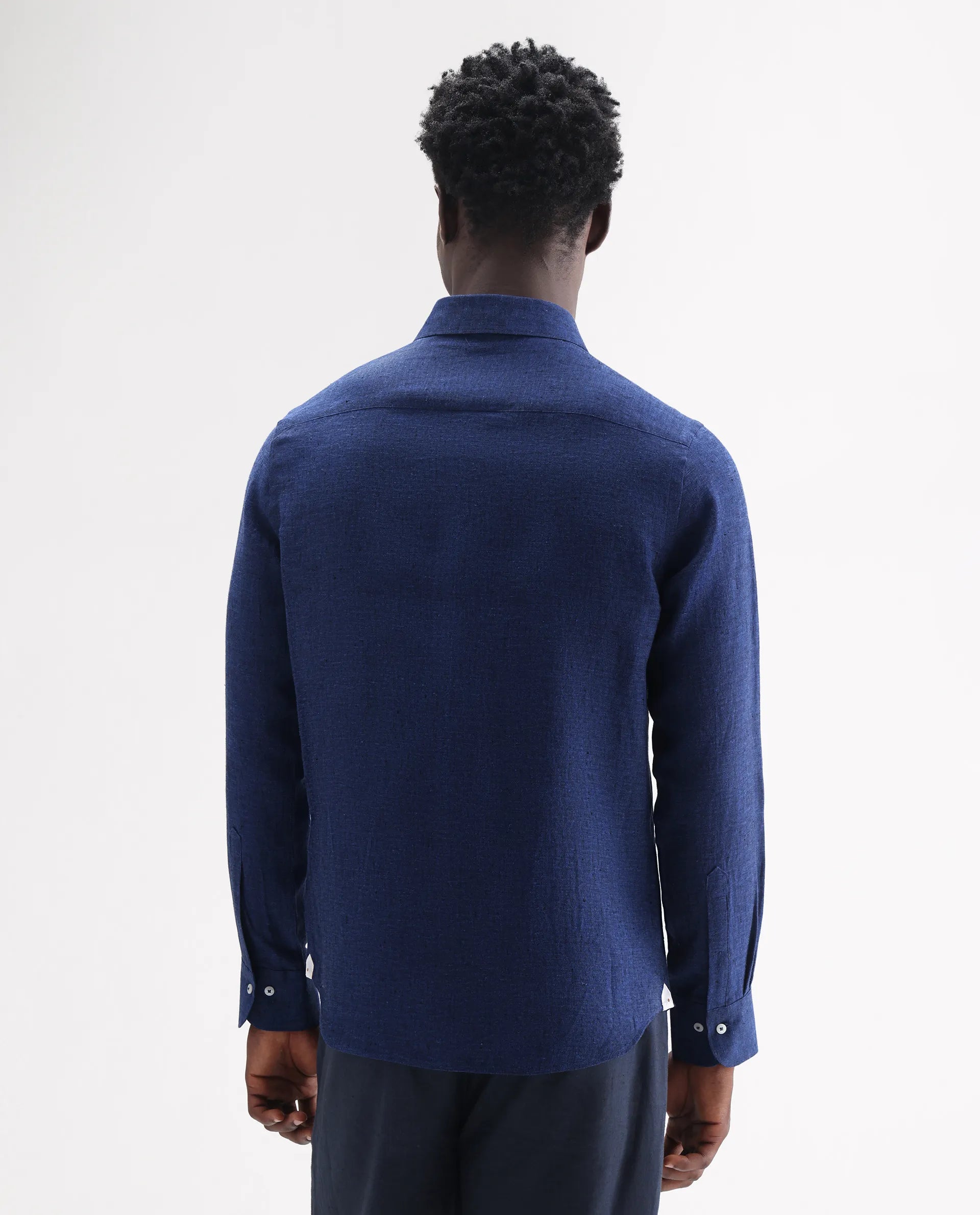 Rare Rabbit Men's Lucis Dark Blue 100% Linen Plain Regular Fit Full Sleeve Collared Shirt