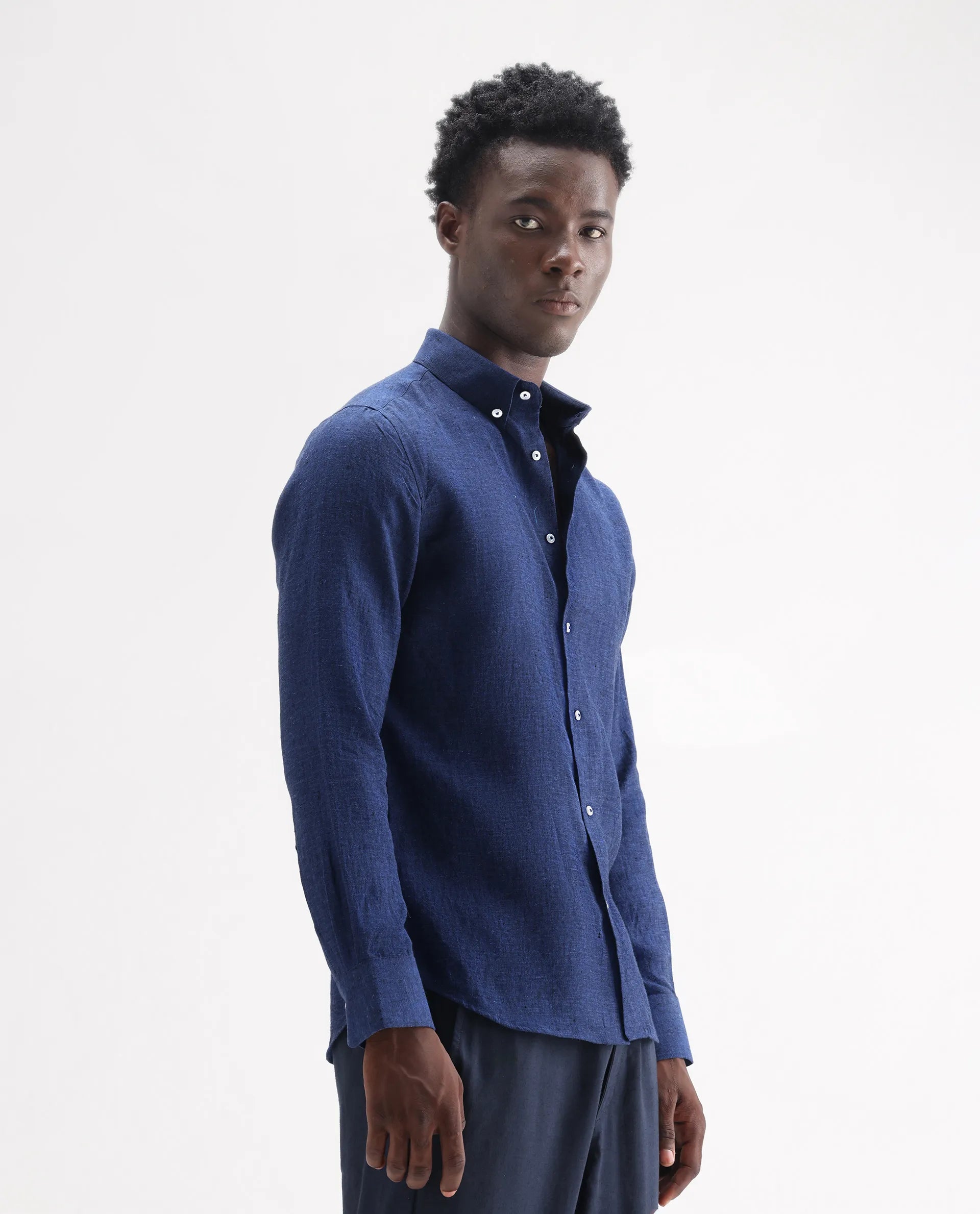 Rare Rabbit Men's Lucis Dark Blue 100% Linen Plain Regular Fit Full Sleeve Collared Shirt