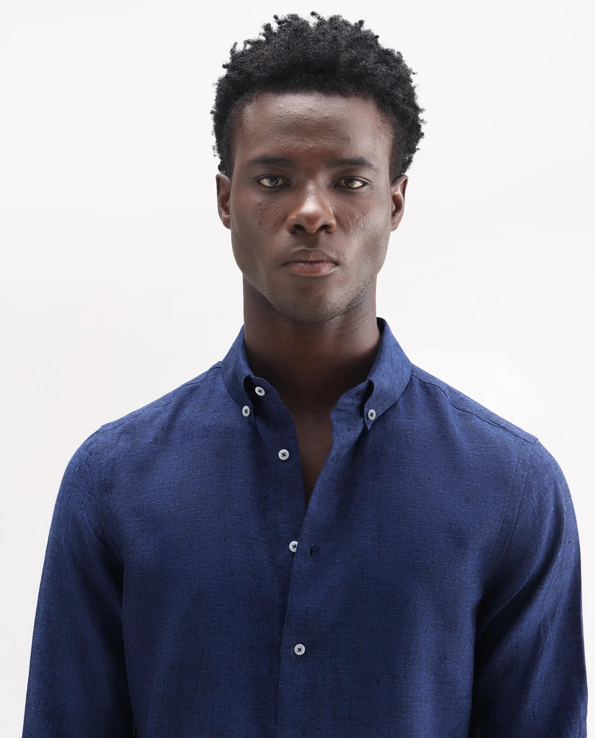 Rare Rabbit Men's Lucis Dark Blue 100% Linen Plain Regular Fit Full Sleeve Collared Shirt