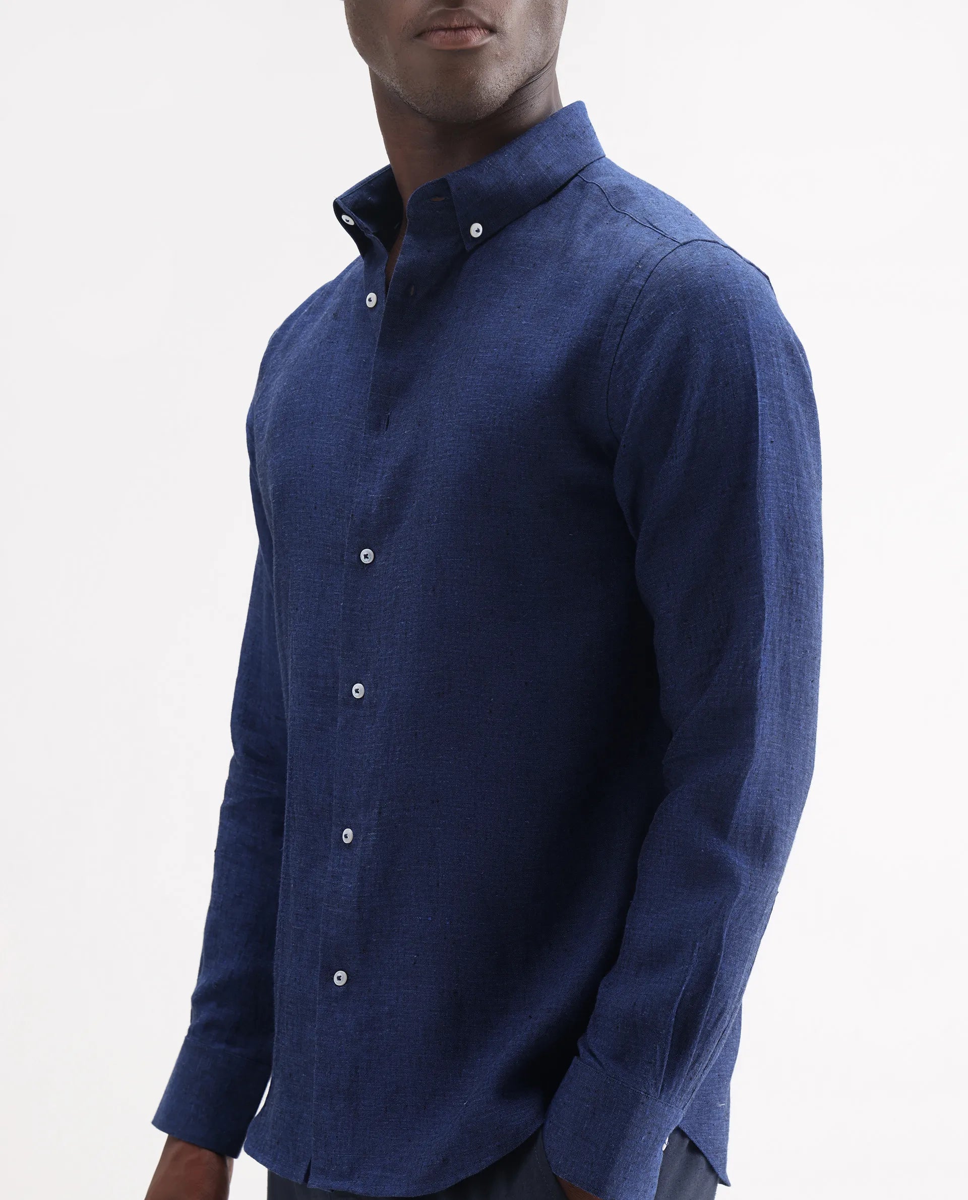 Rare Rabbit Men's Lucis Dark Blue 100% Linen Plain Regular Fit Full Sleeve Collared Shirt
