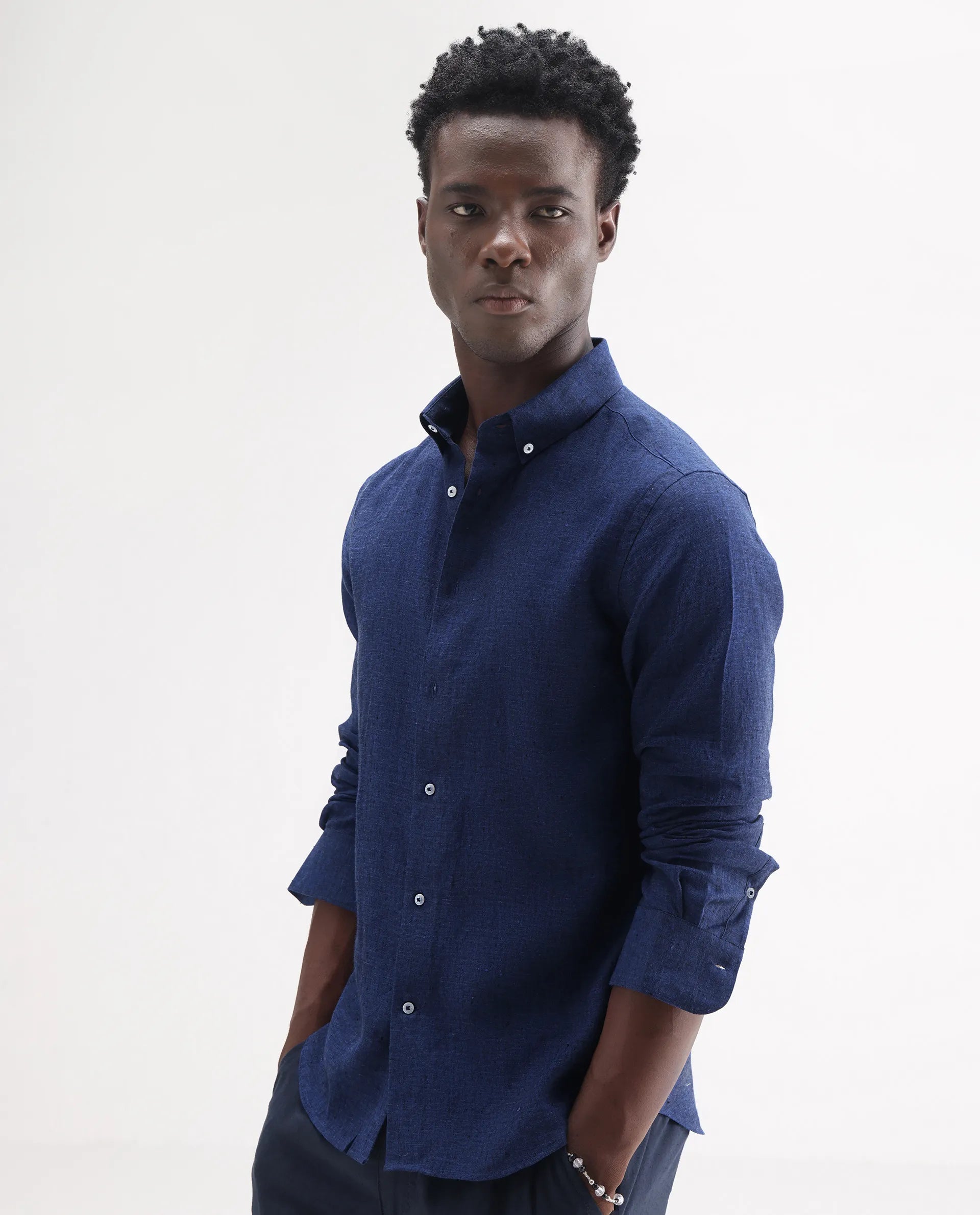 Rare Rabbit Men's Lucis Dark Blue 100% Linen Plain Regular Fit Full Sleeve Collared Shirt