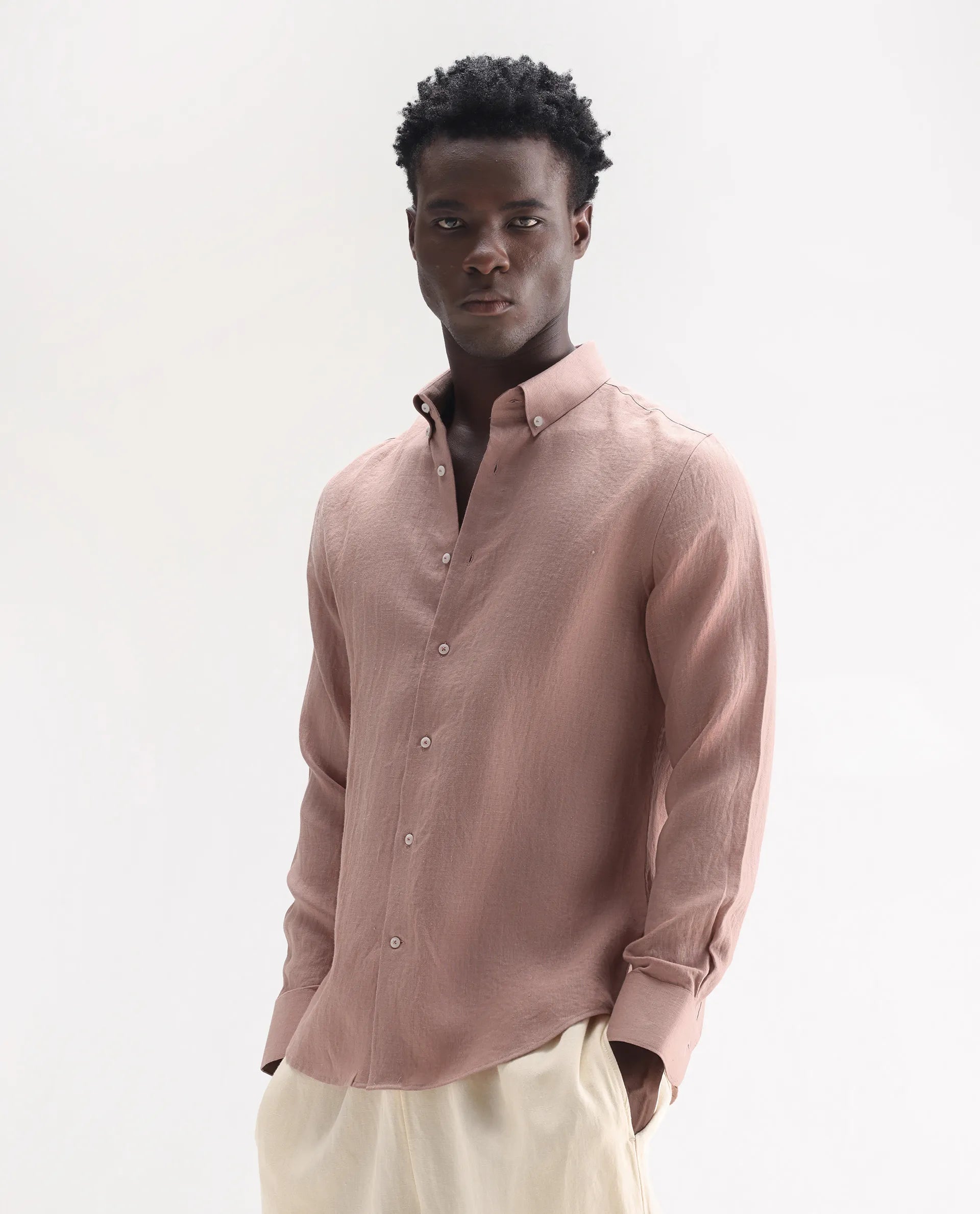 Rare Rabbit Men's Lucis Mauve 100% Linen Plain Regular Fit Full Sleeve Collared Shirt