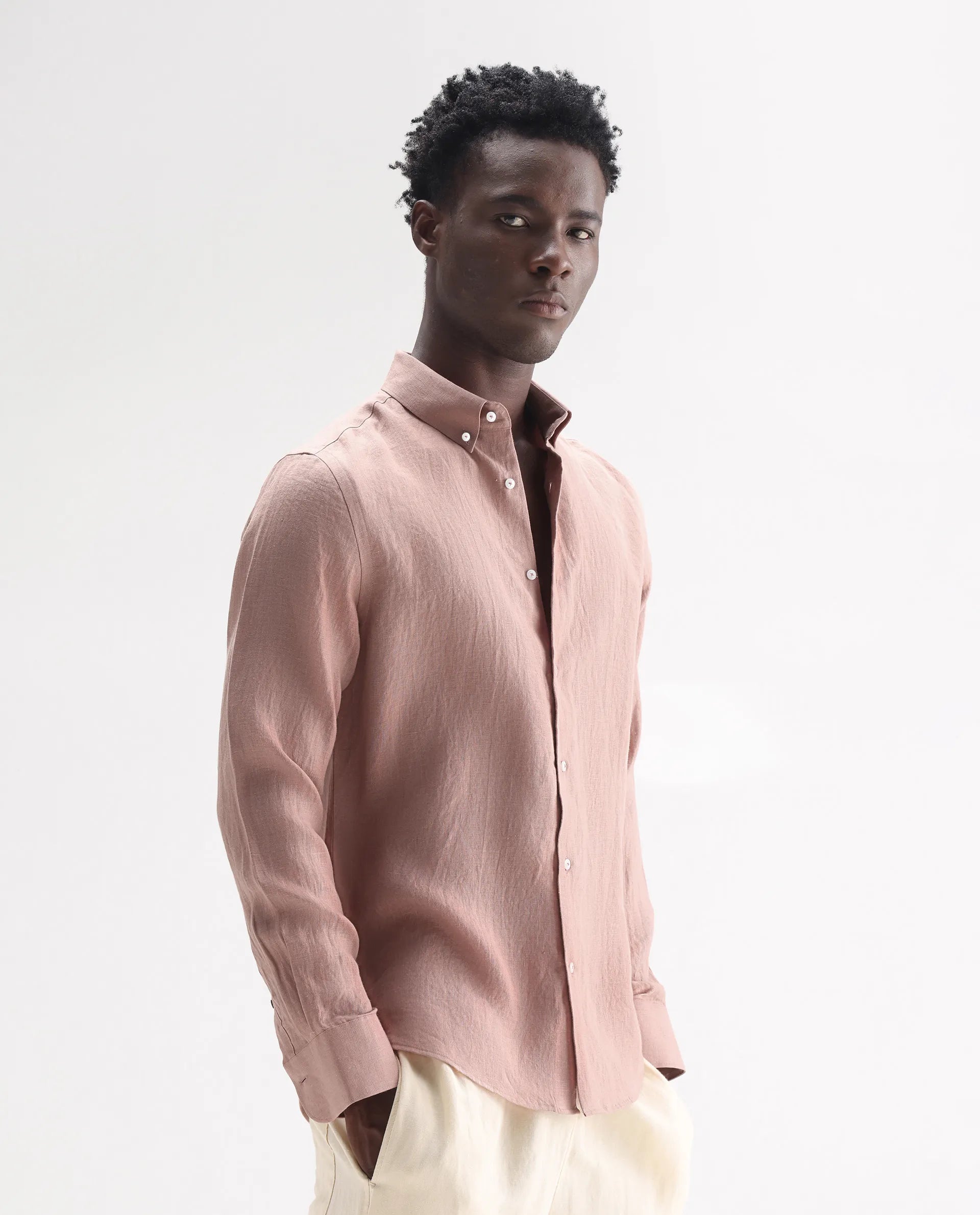 Rare Rabbit Men's Lucis Mauve 100% Linen Plain Regular Fit Full Sleeve Collared Shirt