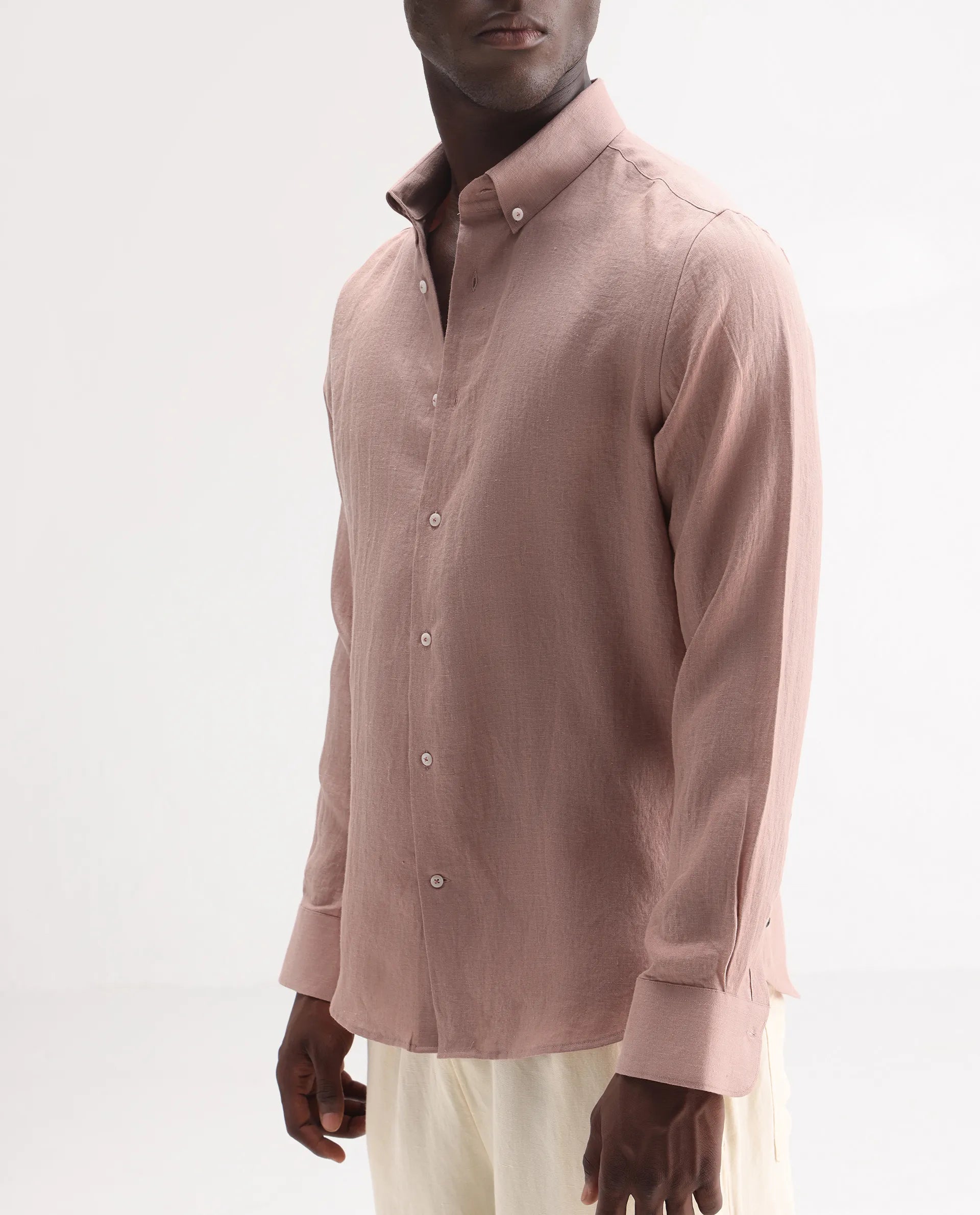 Rare Rabbit Men's Lucis Mauve 100% Linen Plain Regular Fit Full Sleeve Collared Shirt