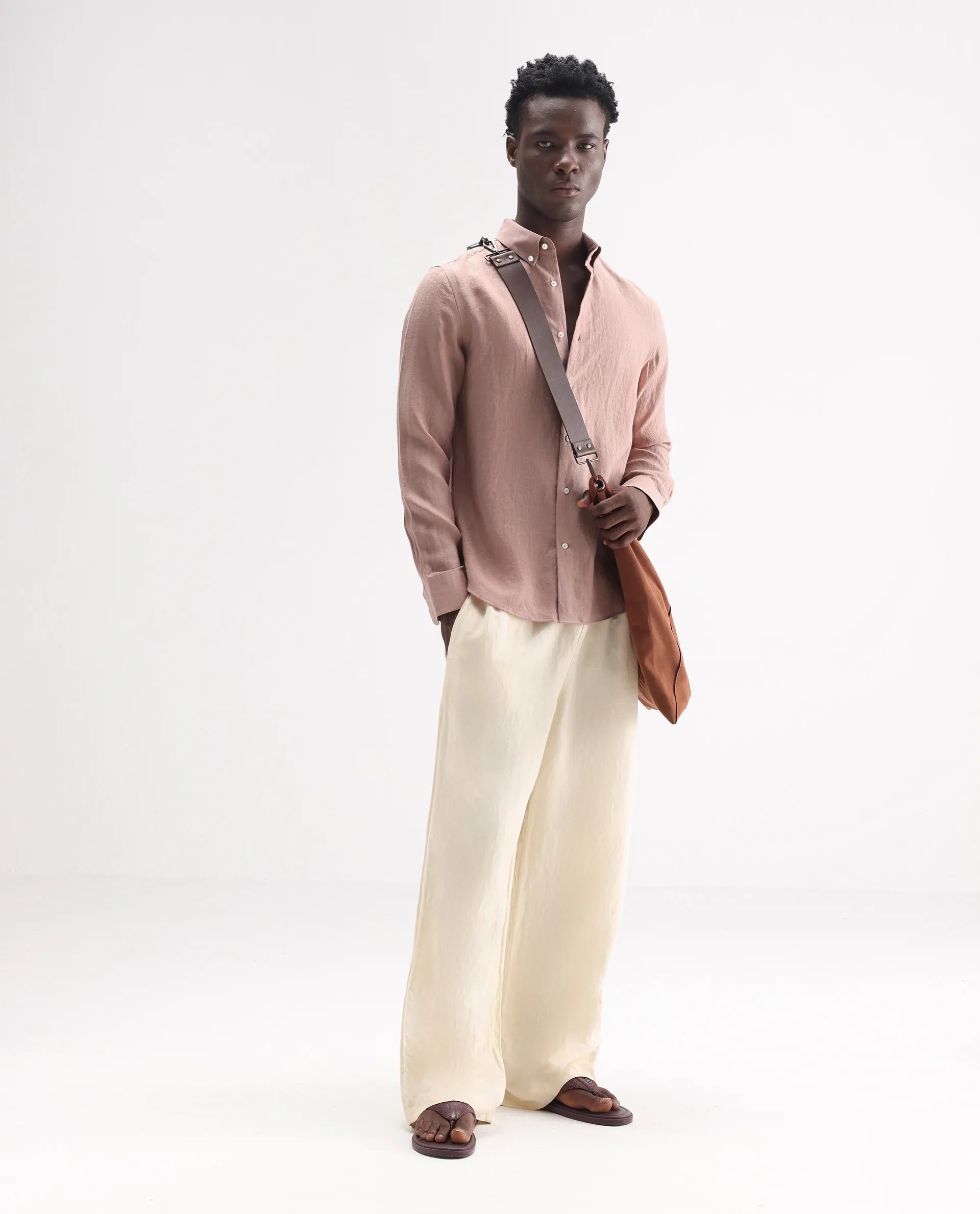 Rare Rabbit Men's Lucis Mauve 100% Linen Plain Regular Fit Full Sleeve Collared Shirt