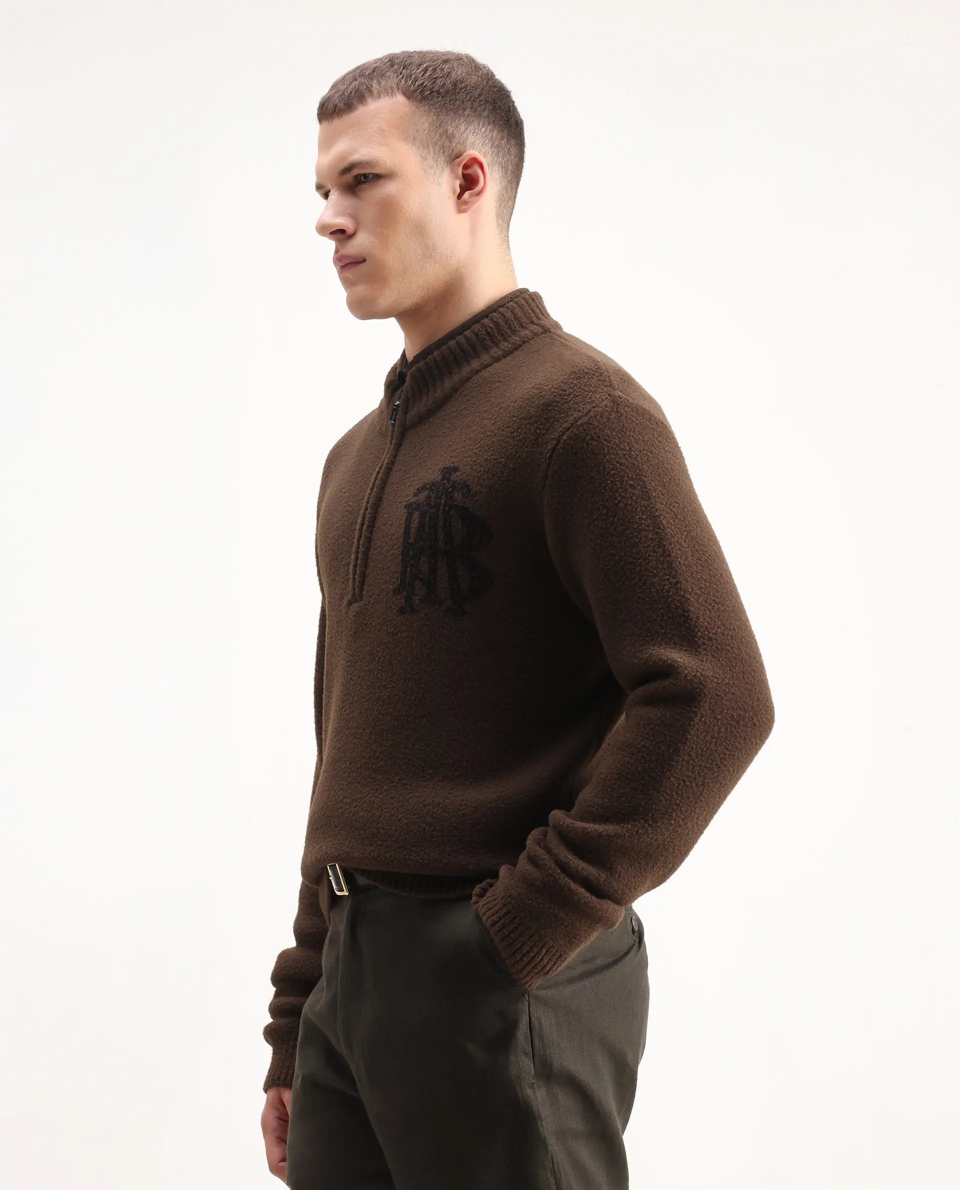 Rare Rabbit Men's Luke Dark Brown Cotton Plain Regular Fit Full Sleeve High Neck Sweater