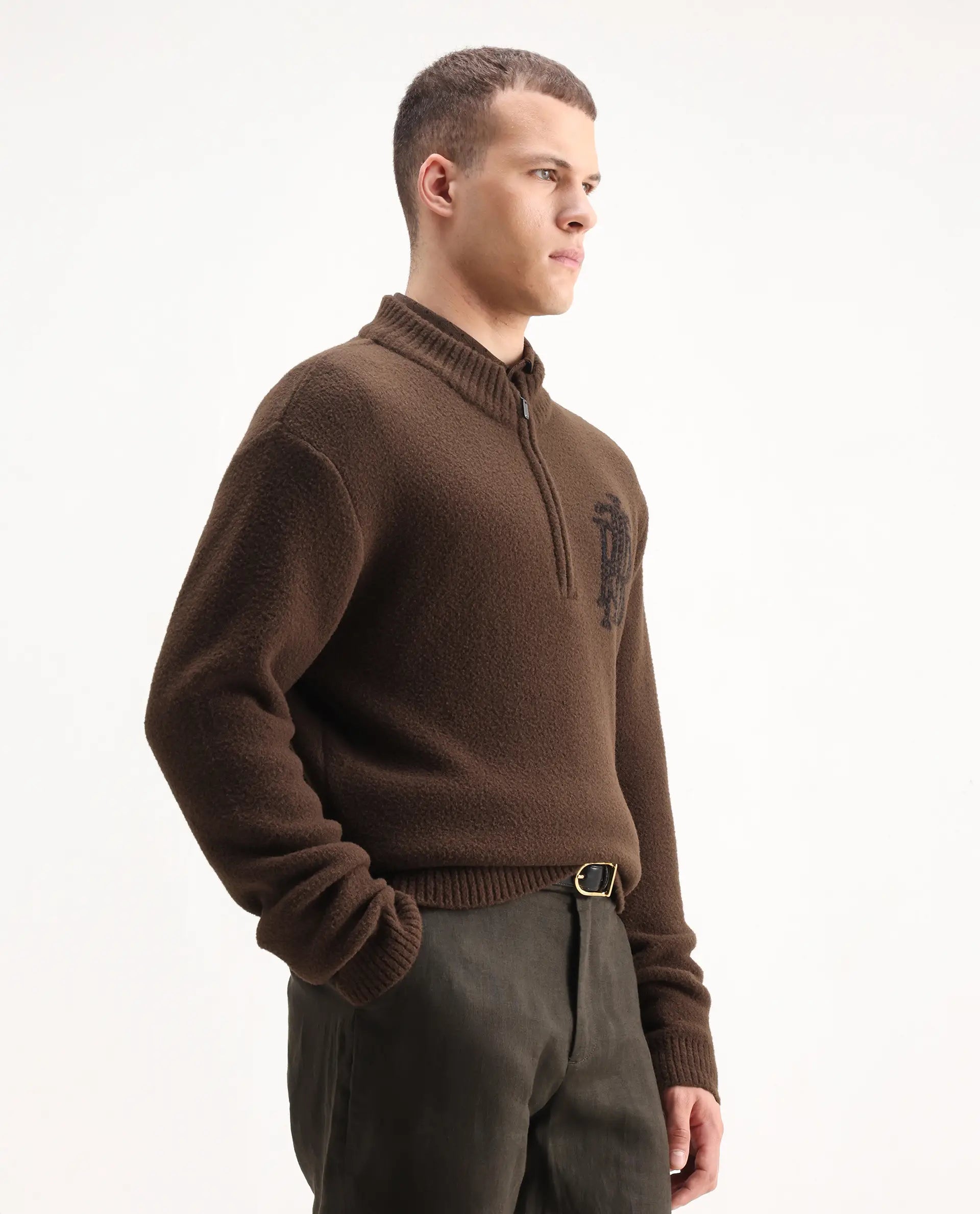 Rare Rabbit Men's Luke Dark Brown Cotton Plain Regular Fit Full Sleeve High Neck Sweater