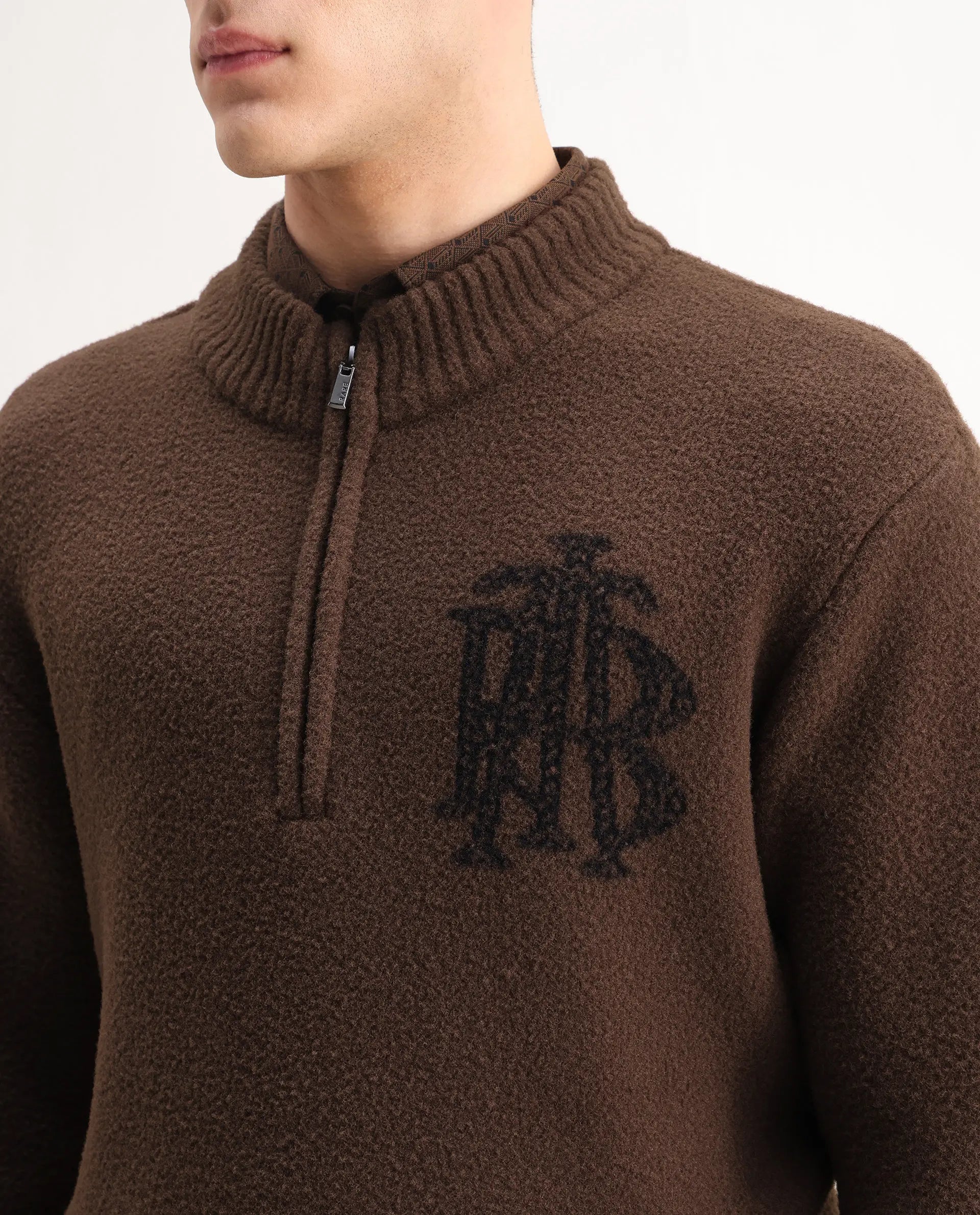 Rare Rabbit Men's Luke Dark Brown Cotton Plain Regular Fit Full Sleeve High Neck Sweater