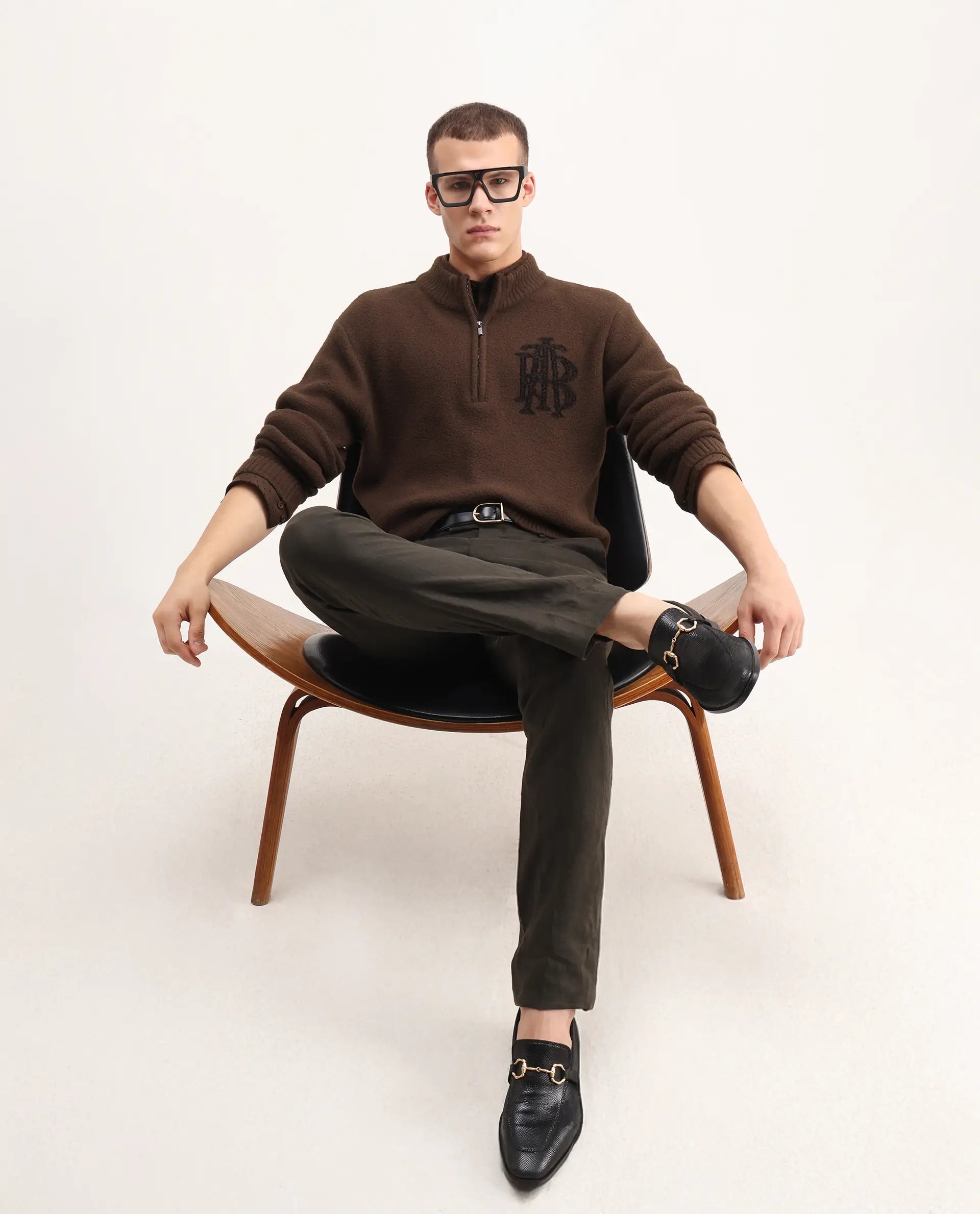 Rare Rabbit Men's Luke Dark Brown Cotton Plain Regular Fit Full Sleeve High Neck Sweater